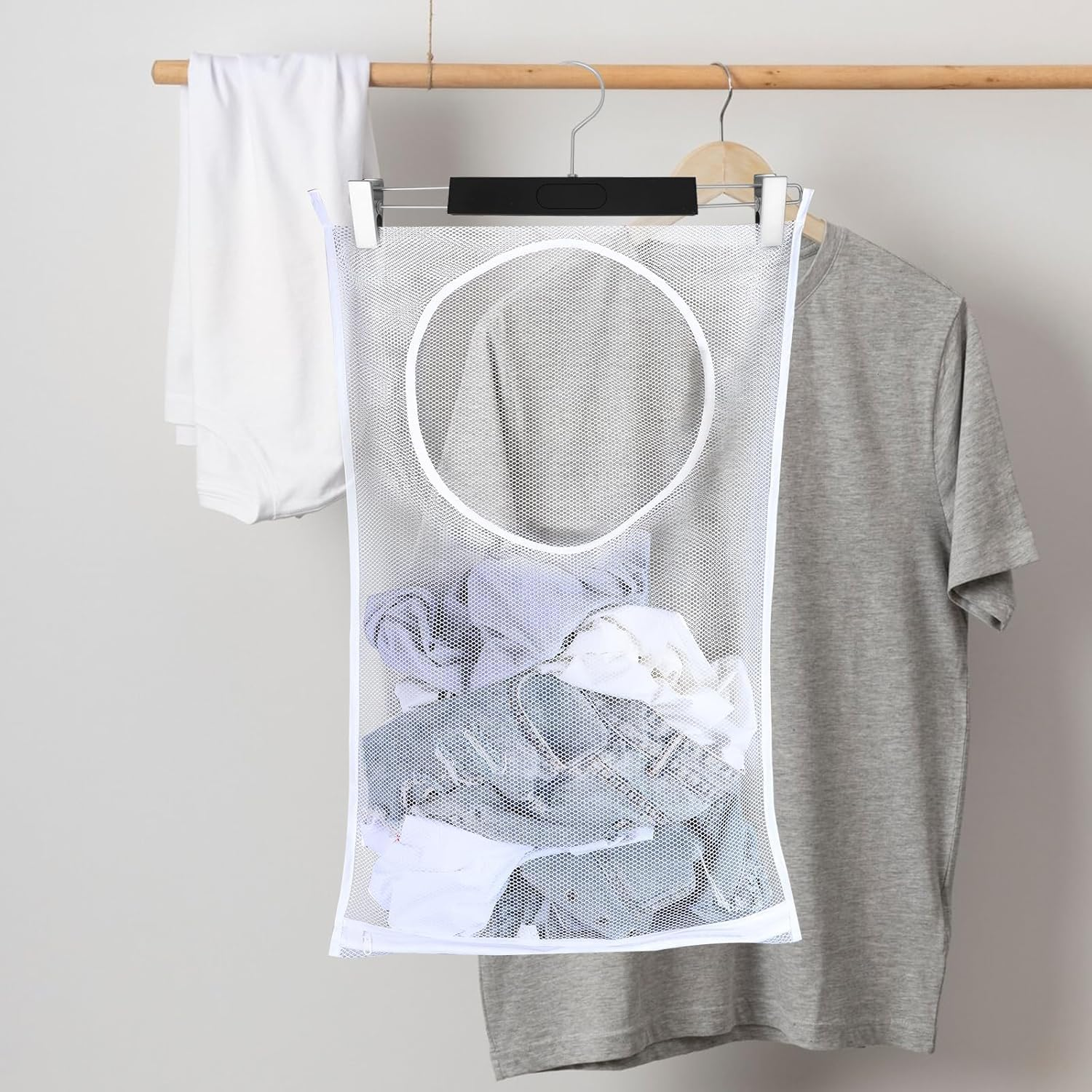 White Hanging Laundry Hamper Bag, 2Pcs White Door Hanging Laundry Hamper Bags,Door-Hanging Mesh Laundry Hamper Bag,Door Hanging Laundry Hamper Bag Clothe Storage Bag,Over Door Laundry Bags with Hooks image number 1