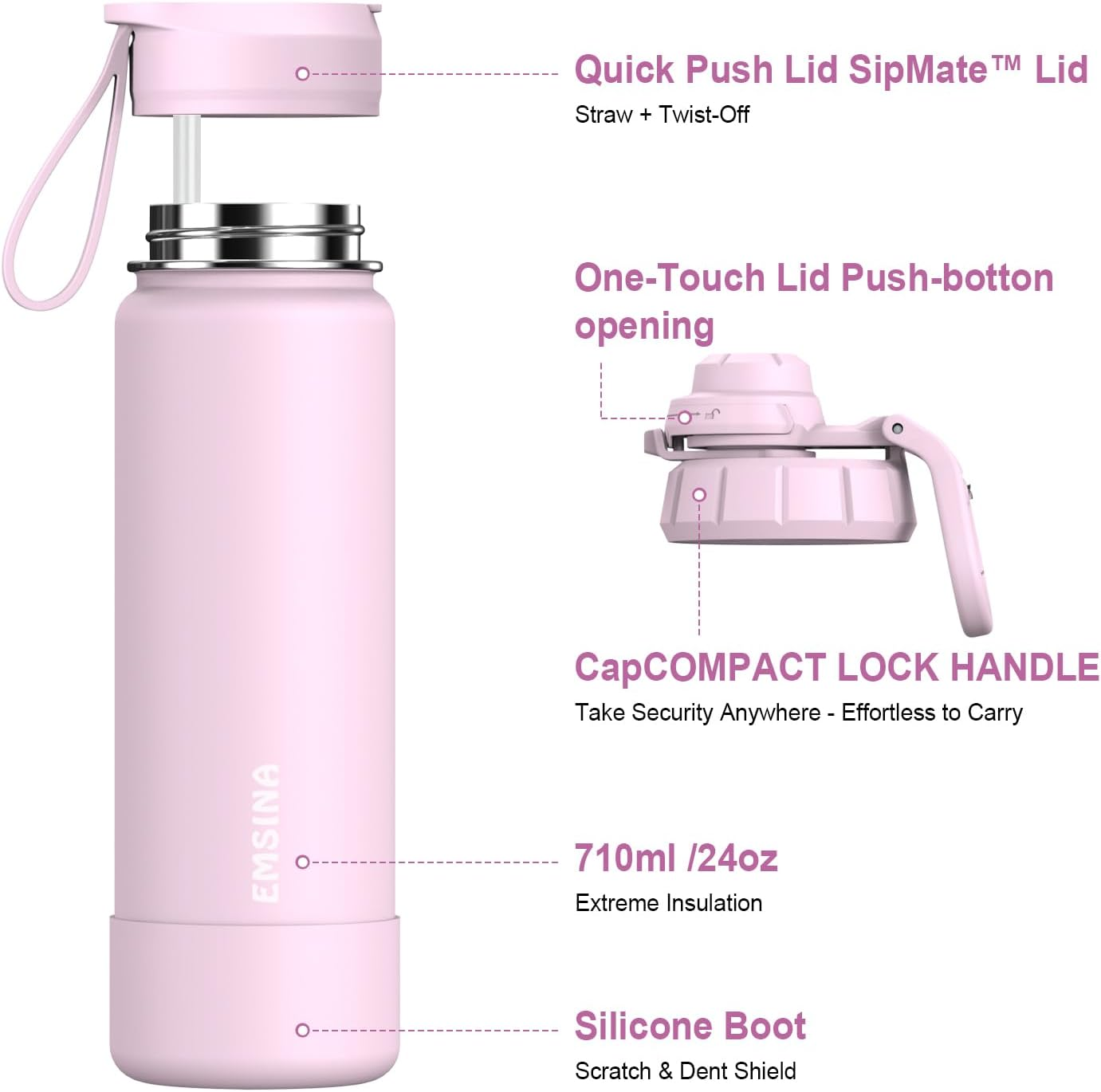 Emsina 1 Pack Insulated Water Bottle with Straw,24Oz/710Ml Stainless Steel Drinking Bottle,Leakproof Travel Cup with 2 Lids (Straw & Locking Chug Lid),Bpa-Free Sports Flask,Pink image number 1