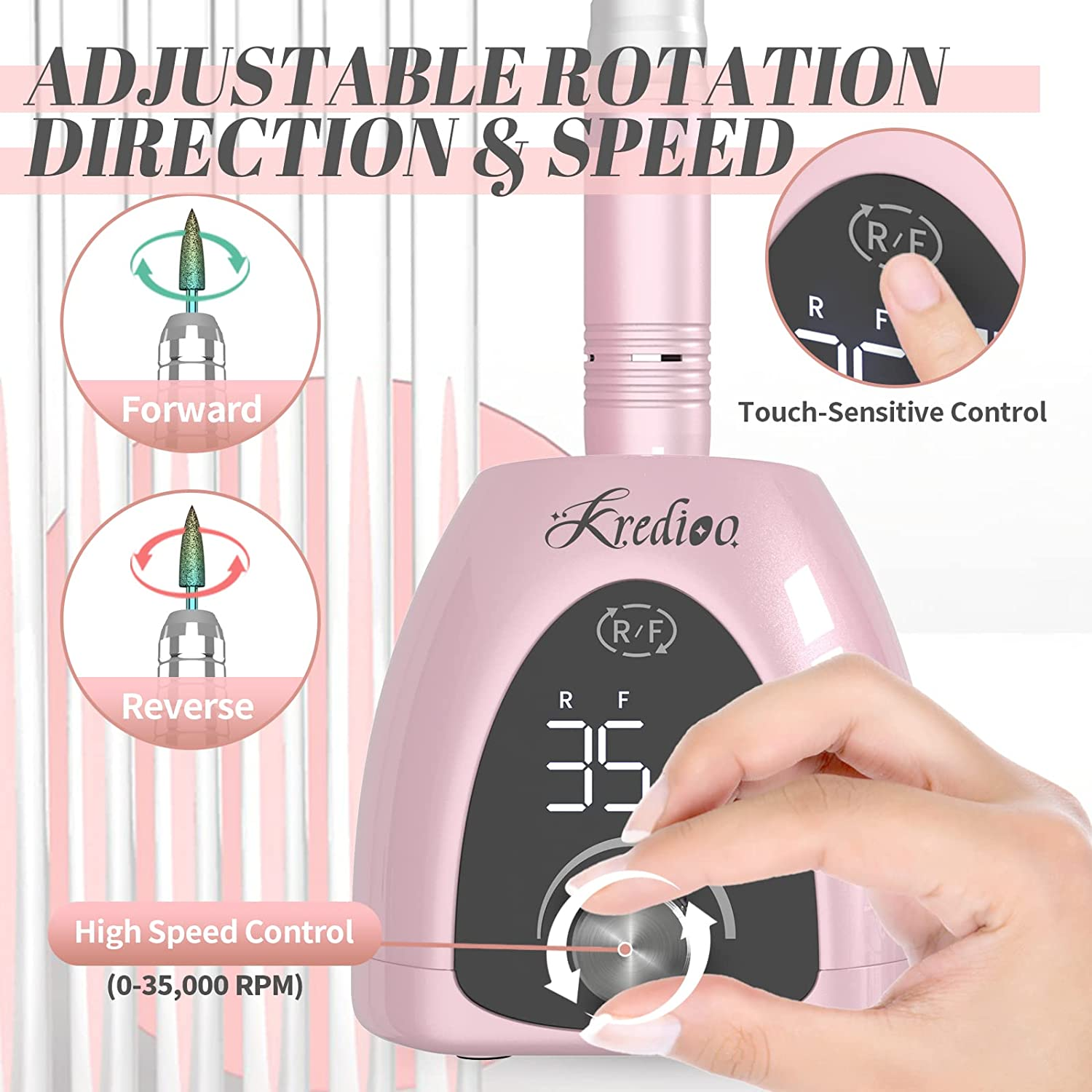 Kredioo Nail Drill Professional 35000RPM Electric Nail File for Acrylic Nails with Pause Button LED Screen for Home and Salon-Au Plug image number 4