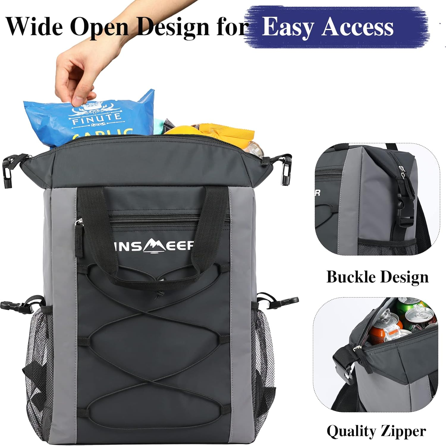 INSMEER Cooler Backpack, 36 Can Leakproof Cooler Bag with 2 Compartments/Bottle Opener/Comfort Shoulder Pad/Elastic Rope for Blanket, 25L Lightweight Soft Backpack Cooler Camping Hiking image number 3