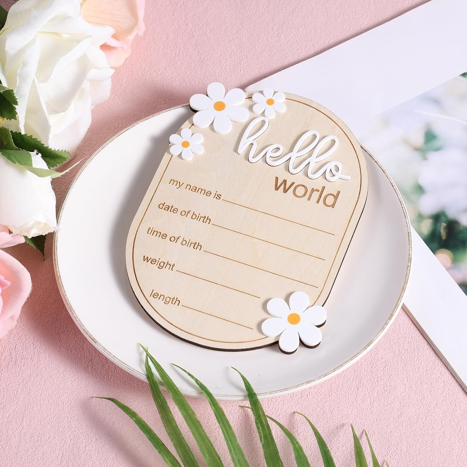 Baby Announcement Sign, 5.91X4.13 Inch Wooden Newborn Announcement Sign Hello World Newborn Sign Baby Name Sign Birth Announcement Sign for Hospital Nursery image number 4