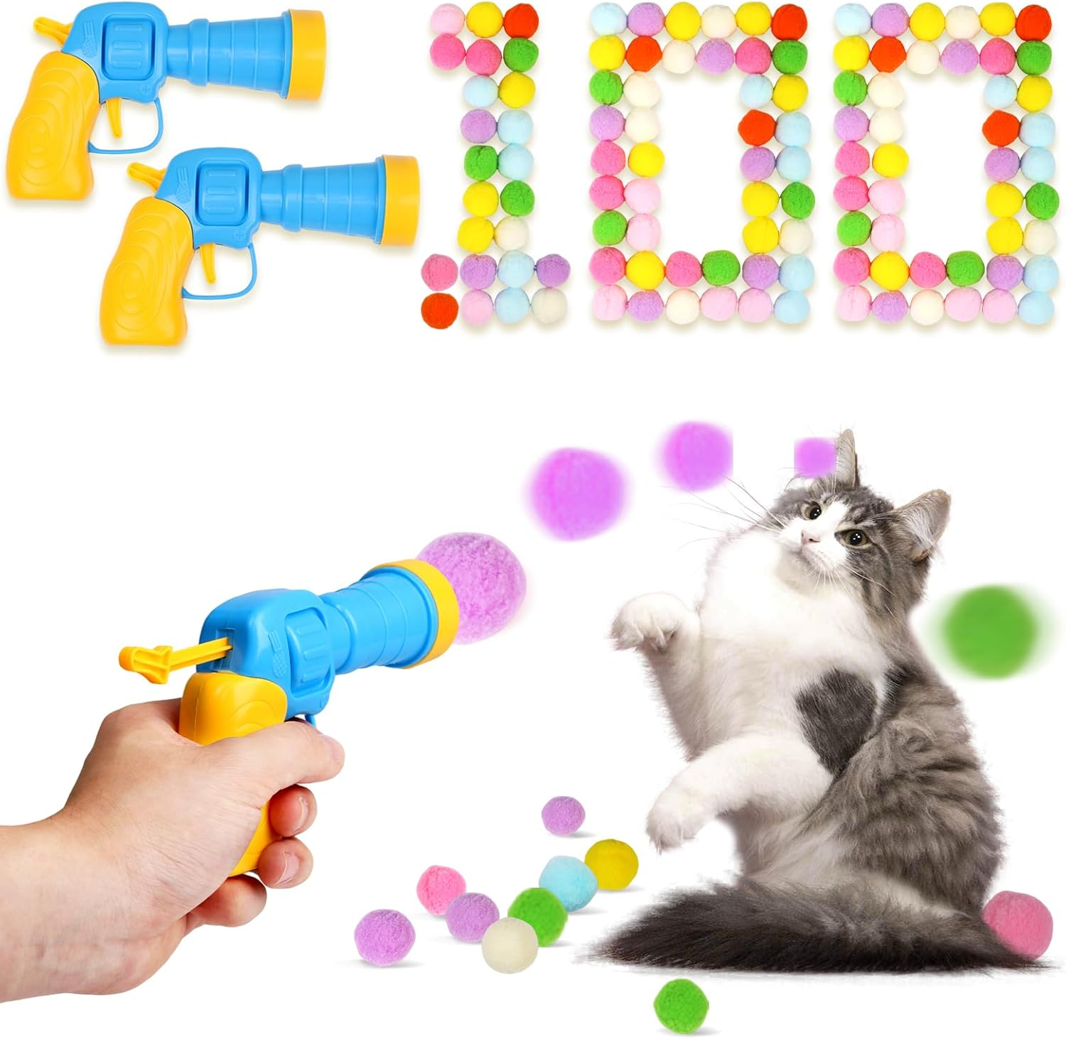50Pcs Cat Toys Pom Pom Balls with 1 Launcher Set, Interactive Cat Toy Stuff for Indoor Both Adult & Kitten Toys image number 5