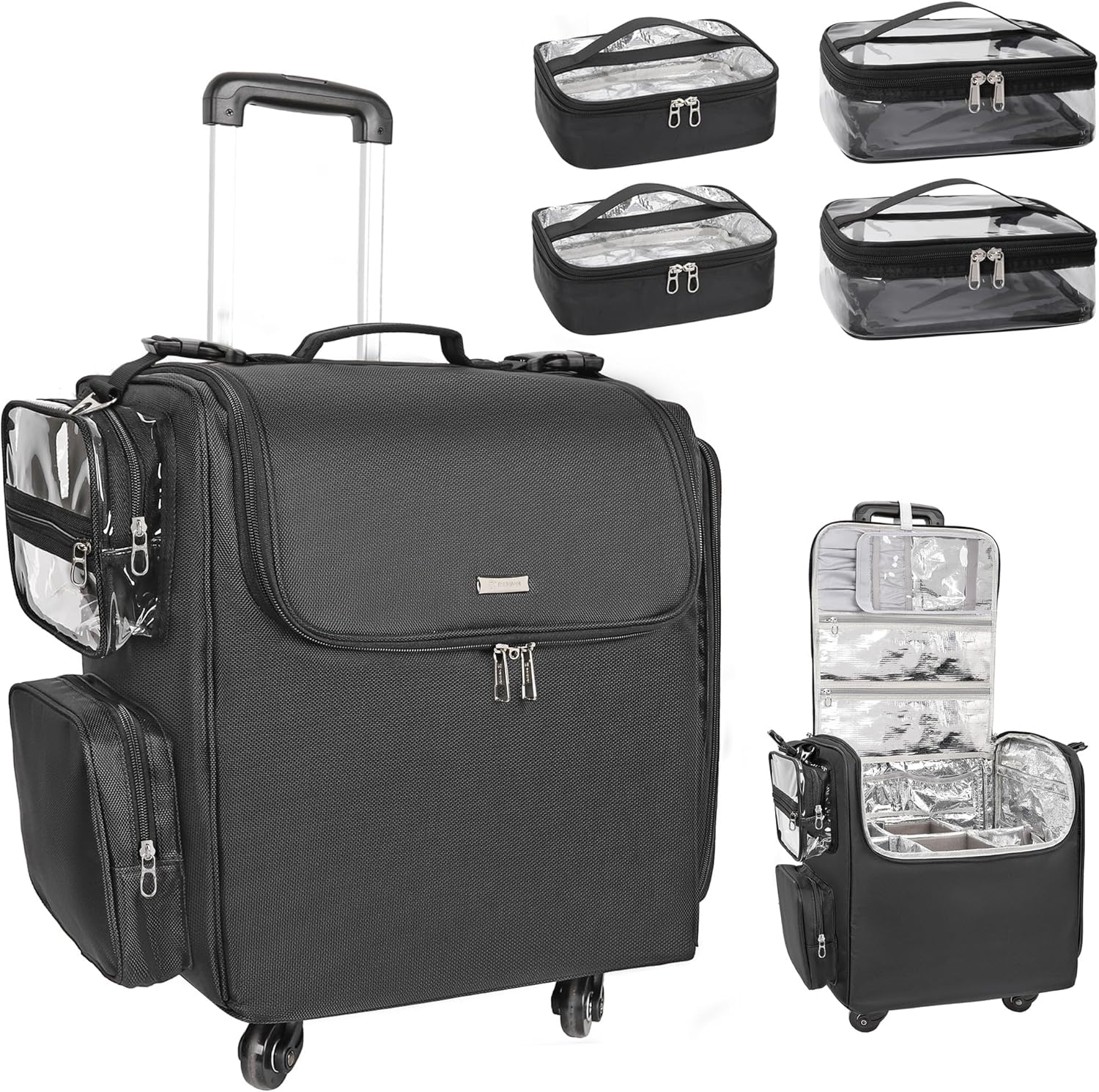 Relavel Rolling Makeup Train Case, Hairstylist Traveling Bag with 4 Wheels, Heat Insulation Full Layer, Adjustable Dividers, Hair Tools and Cosmetics Storage Organizer, Black, Extra Large, Hairstylist
