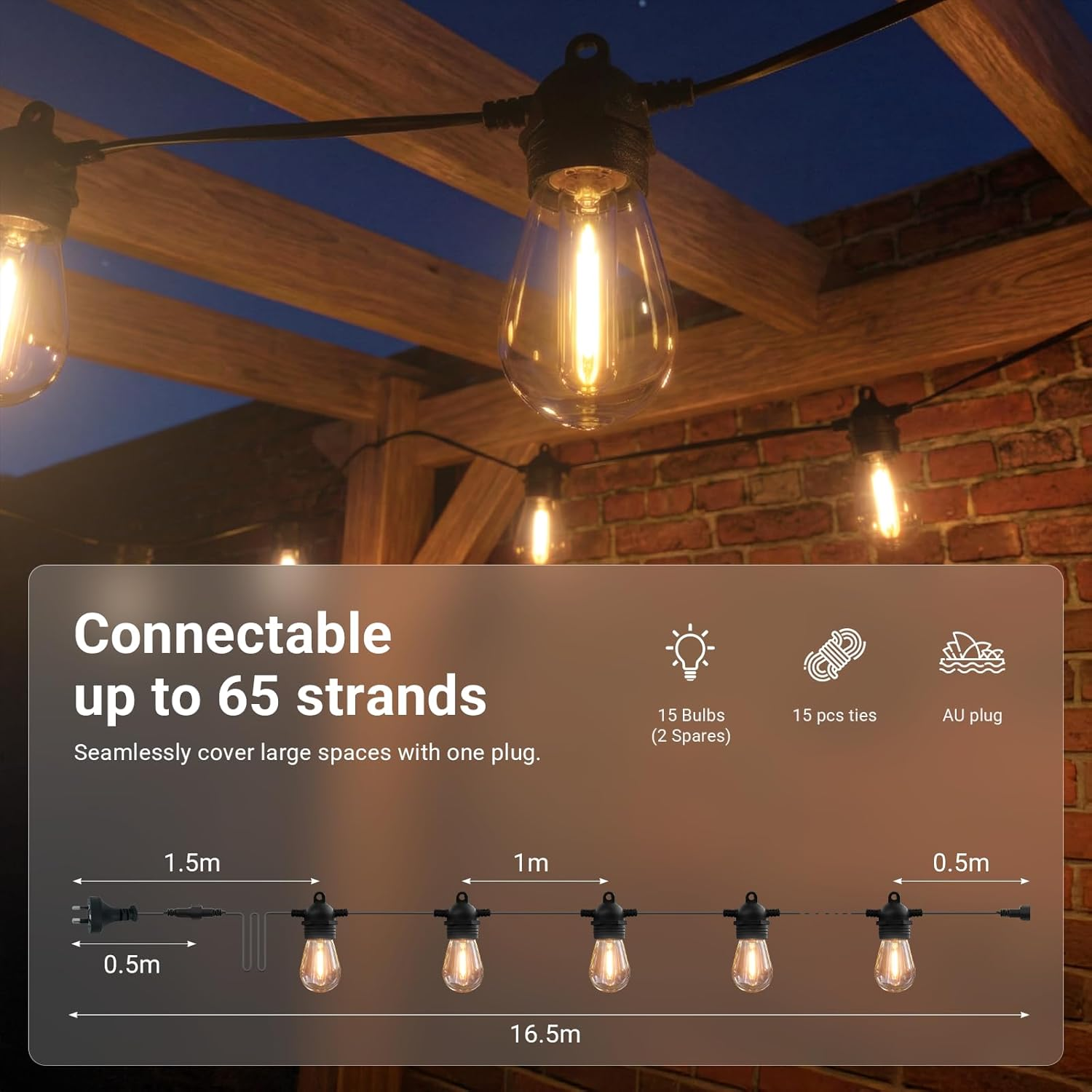 LIWEGHT Festoon Lights Outdoor, 15M 15Bulbs+1Spares LED Outdoor Lights, Christmas String Lights, IP65 Waterproof and Shatterproof Fairy Lights for Garden, Party, Camping image number 6