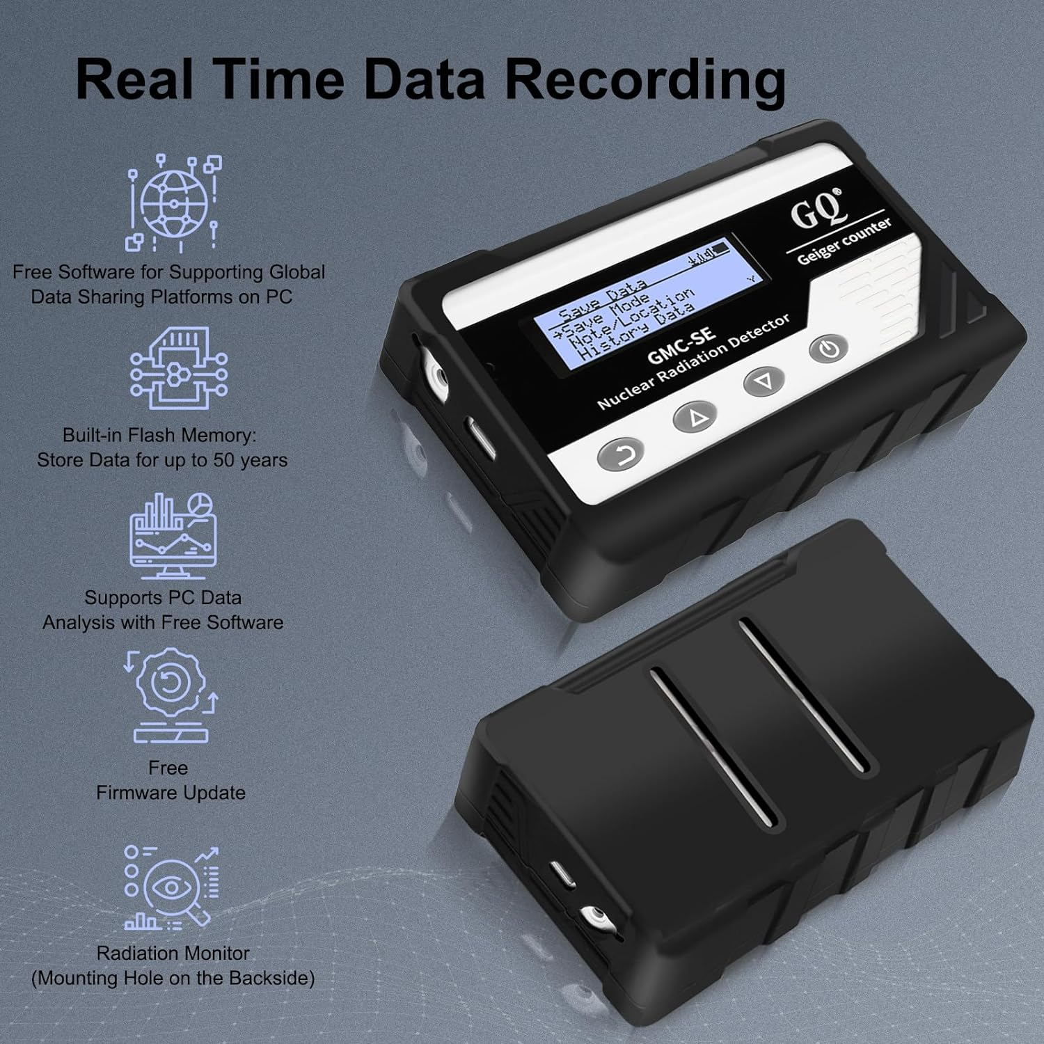 GQ GMC-SE Geiger Counter Radiation Detector Beta Gamma X-Ray Digital Nuclear Radiation Dosimeter Portable USA NIST & NRC Radiation Monitor Meter, Data Recording Device, Drop-Proof Black Silicone Case image number 2