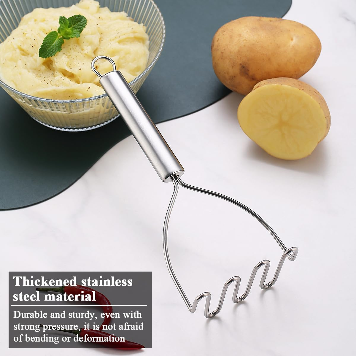 Potato Mashers, Berglander Heavy Duty Stainless Steel Potato Ricer with Firm Grip, Kitchen Masher Perfect for Mashed Baby Food, Vegetable, Fruits, Mashed Potatoes, Use for Cooking and Kitchen Gadget image number 4
