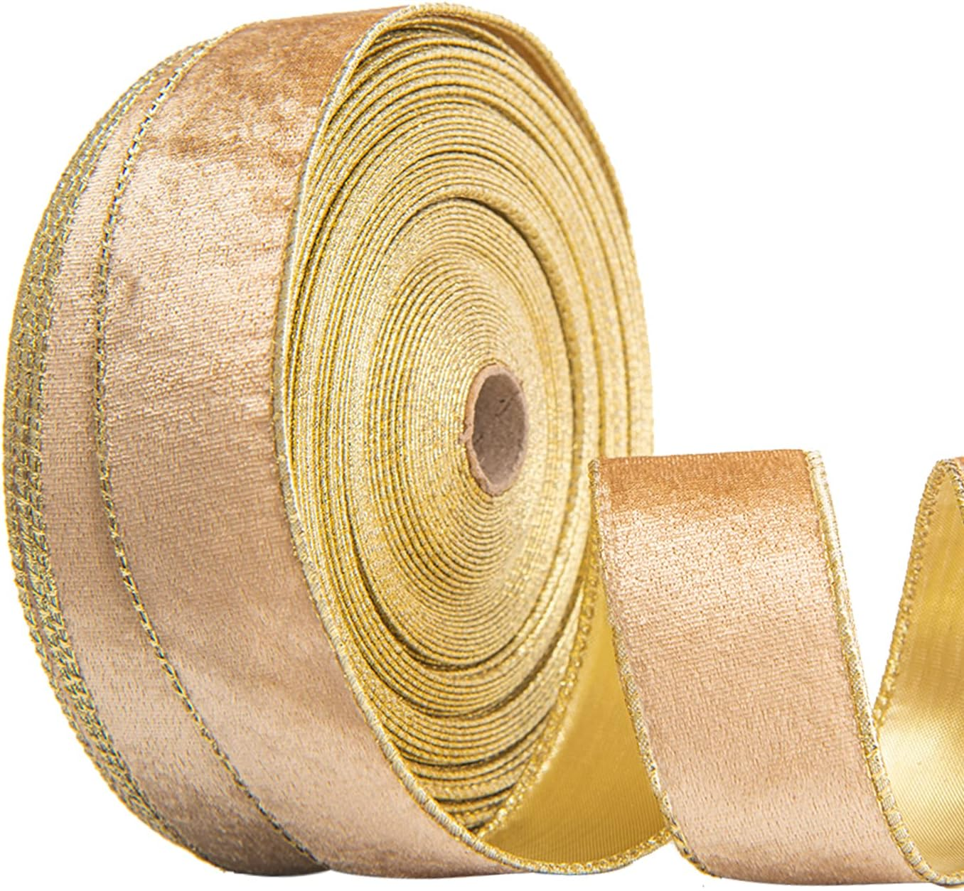2.5Inch X 10 Yards Christmas Velvet Ribbon,2.5" Wide Wired Ribbon for Christmas Crafts Decoration, Wrapping Crafts (Champagne Gold)
