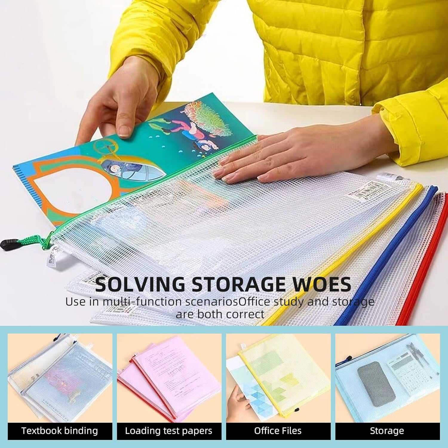 30 Mesh Zipper Bags, 3 Sizes, 5 Colors, Waterproof Plastic Zipper Bags for Office, School, Game File Storage image number 6