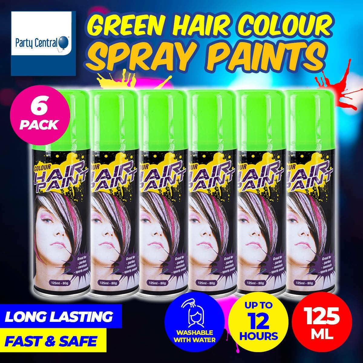 Party Central Non-Sticky Fluro Colour Hair Spray 125 Ml, Green