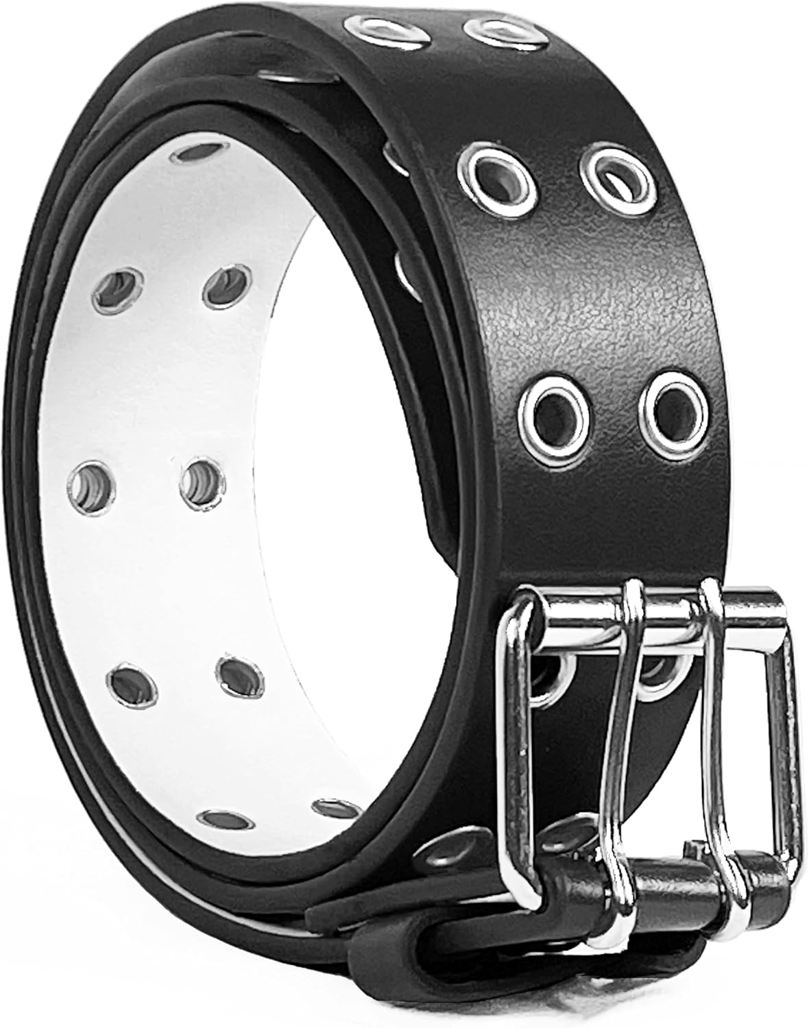 Double Grommet Leather Belt - PU Leather - Double Prong Belt Buckle - 2 Hole Grommet Belt for Women Men by Belle Donne