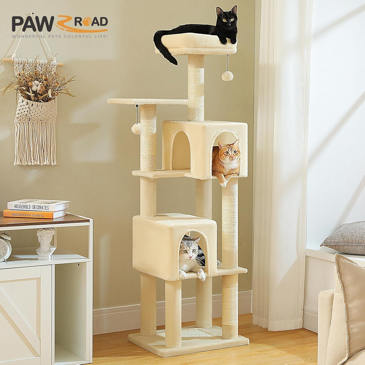 PAWZ Road Cat Tree, 157Cm Cat Tower for Indoor Cats, Multi-Level Cat Furniture with 4 Scratching Posts, 2 Top Perches, 2 Large Condos, Beige image number 1