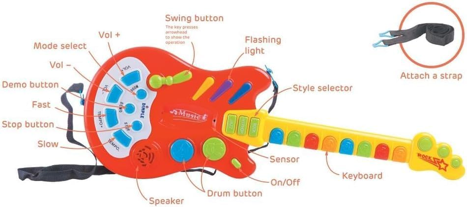 Music Toy Electric Guitar for Toddlers 3+ with over 20 Interactive Buttons, Whamy Lever and Modes with Rock Guitar Sound and Lights Perfect Music Development & Education Toy from Hobby Crazy image number 2