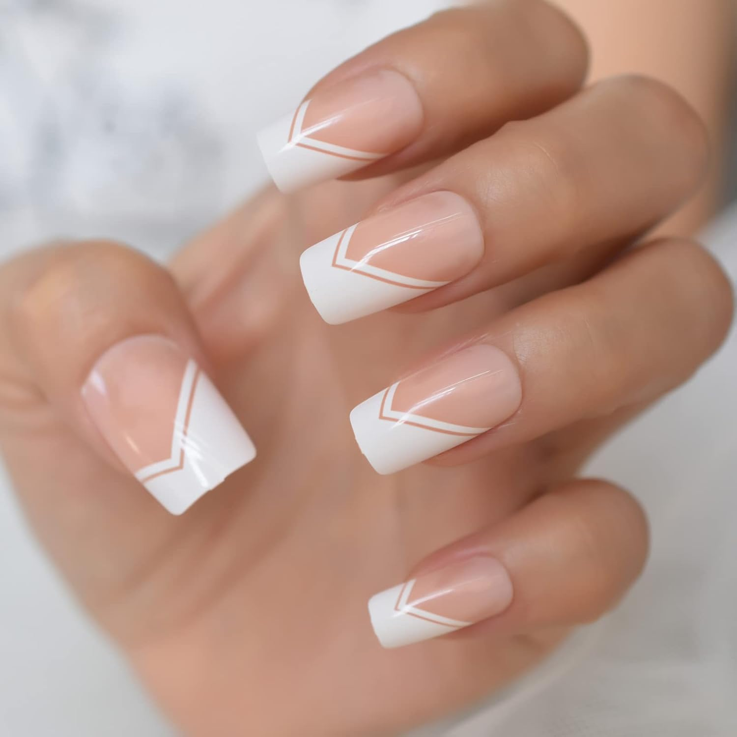 Nude White Press on Nails Medium Square French Glossy Gel Nails Full Cover False Nail Art Tips Salon Manicure Set image number 4