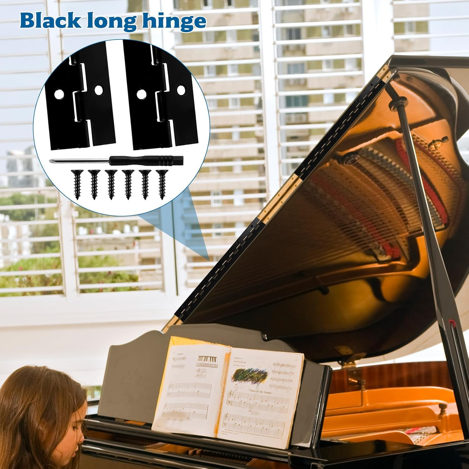 Piano Hinge 30 Cm X 3 Cm, Long Bar Hinge Black, Piano Hinges, Door Hinges Hinge Hinges, Connector Piano Cabinet Door Furniture with Screws, Screwdriver Pack of 4 image number 5