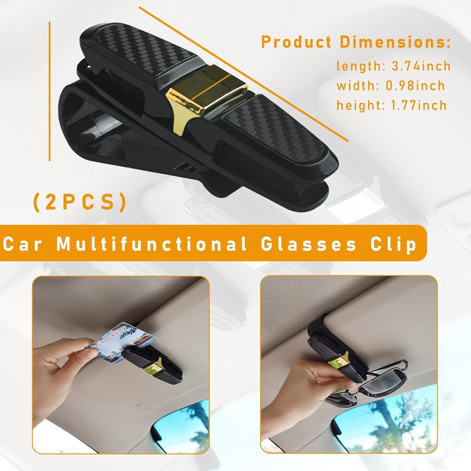 2PCS Sunglasses Holder for Car Sun Visor, 180 Degree Rotatable Eyeglasses Mount with Ticket Card Clip, Double-Ends Car Sunglass Holder (Gold) - Gray image number 3