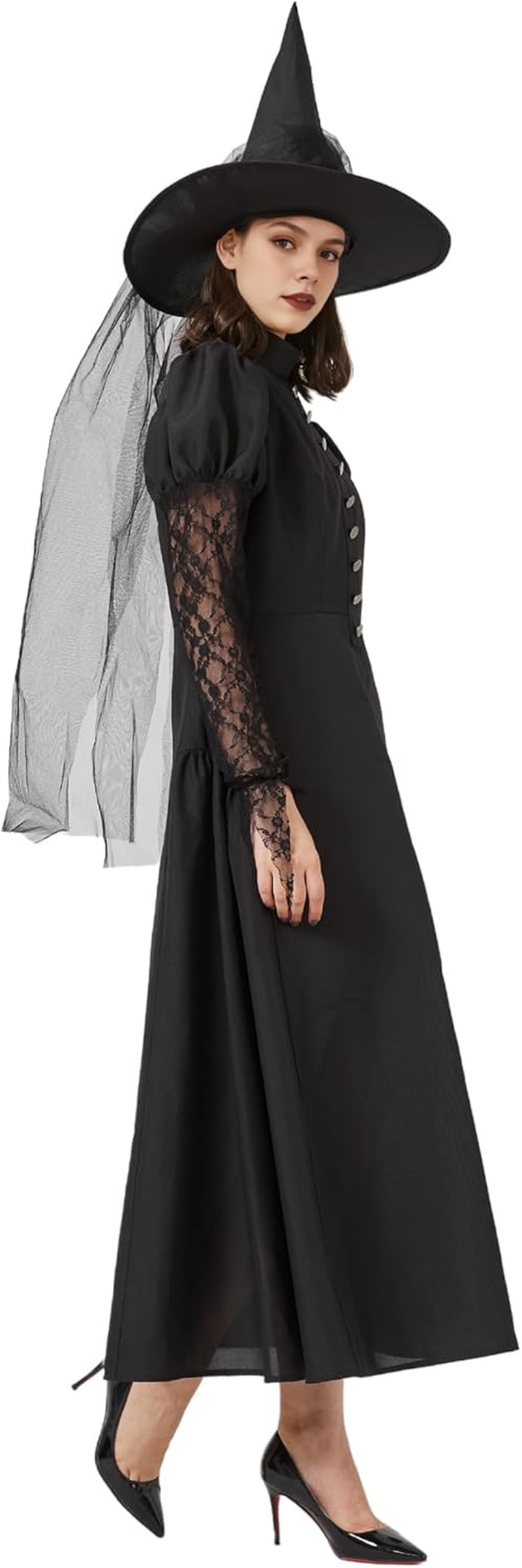 3Pcs Women'S Wicked Witch Costume for Adult Halloween Outfit Witch Dress with Hat and Tulle for Sorceress Cosplay image number 2