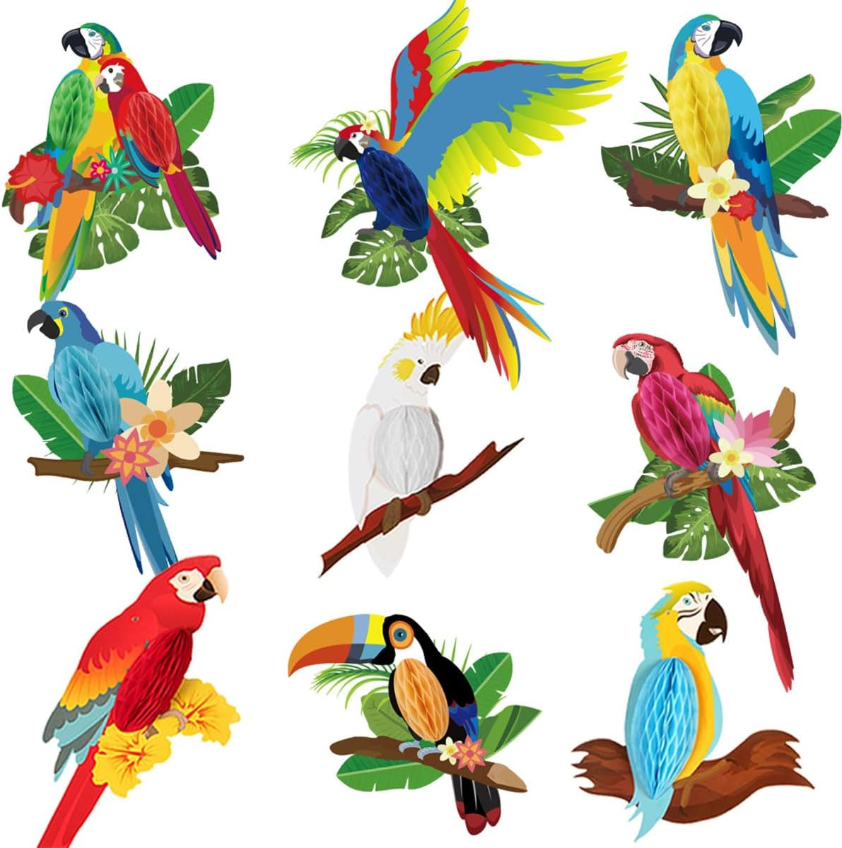 AIMALL 9X Tropical Parrot Honeycomb Decorations - Vibrant Hawaiian Hanging Birds for Summer Party, Bar, Wall Decor image number 6