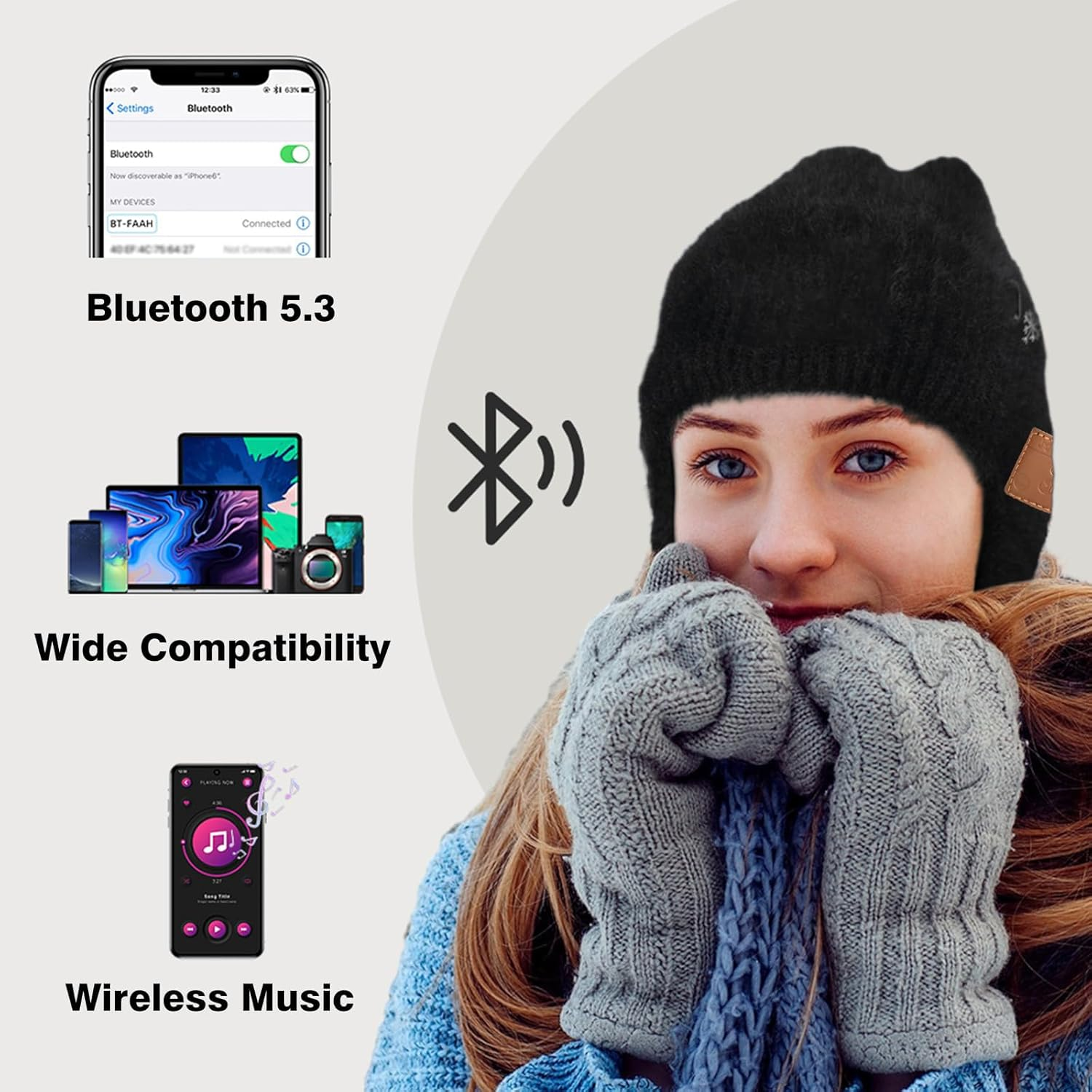 Lezhifeiwan Bluetooth Beanie Winter Hat with Built-In Wireless Headphones, Black, Music Controls, Warm Knit Cap for Sports and Outdoor Activities image number 1
