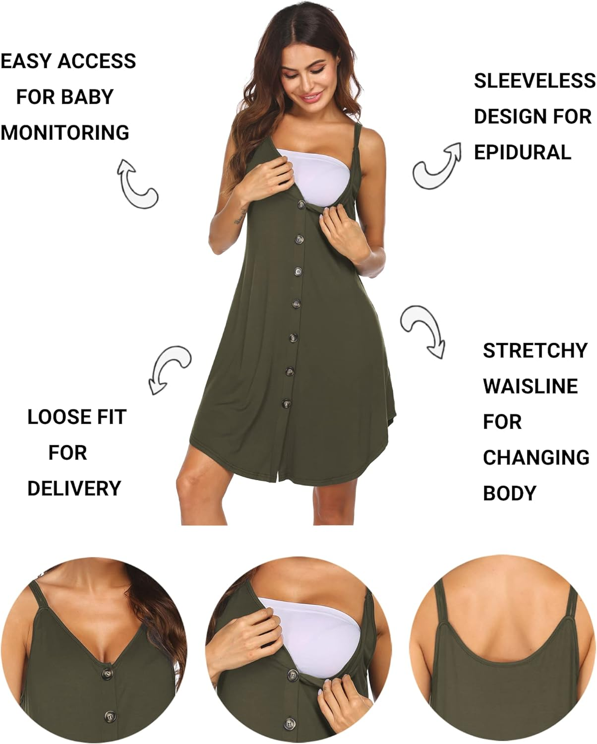 Ekouaer Nursing Nightgown Women'S Maternity Dress Button down Nightdress Sleeveless Breastfeeding Sleepwear Hospital Gown image number 3