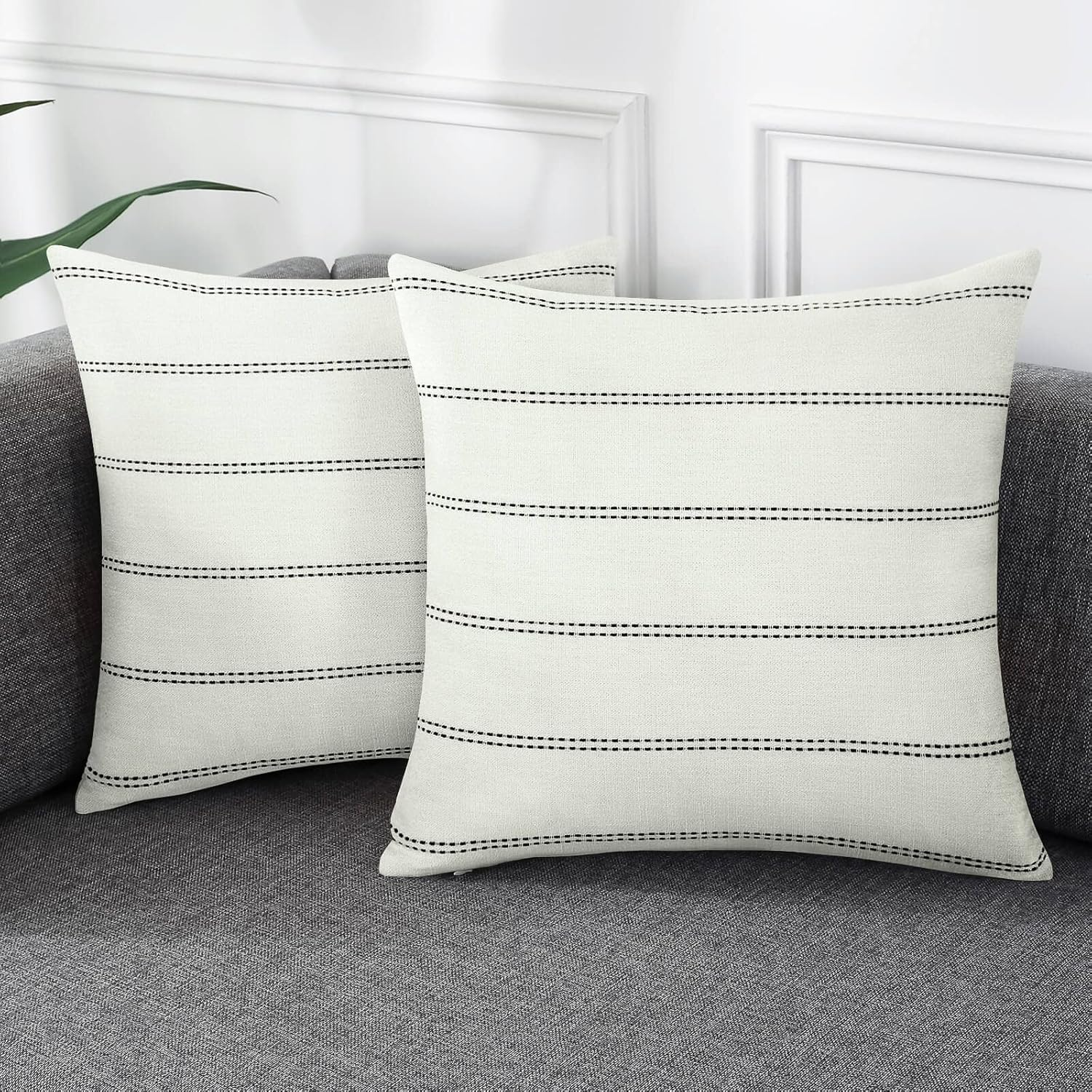Amhoo Pack of 2 Farmhouse Stripe Check Throw Pillow Covers Set Case Cotton Linen Decorative Pillowcases Cushion Cover for Couch Bench Sofa 18X18Inch Light Grey Beige image number 3