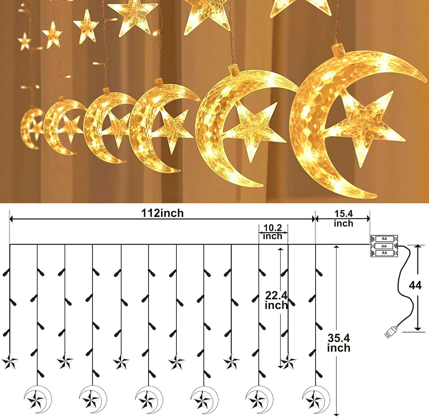 Ramadan Decorations for Home, 138 LED Upgraded Extra Large Star Moon Curtain Lights for Kids Bedroom Decor, Battery & USB Powered LED Fairy Lights for Ramadan Window Wedding Christmas Decor image number 5