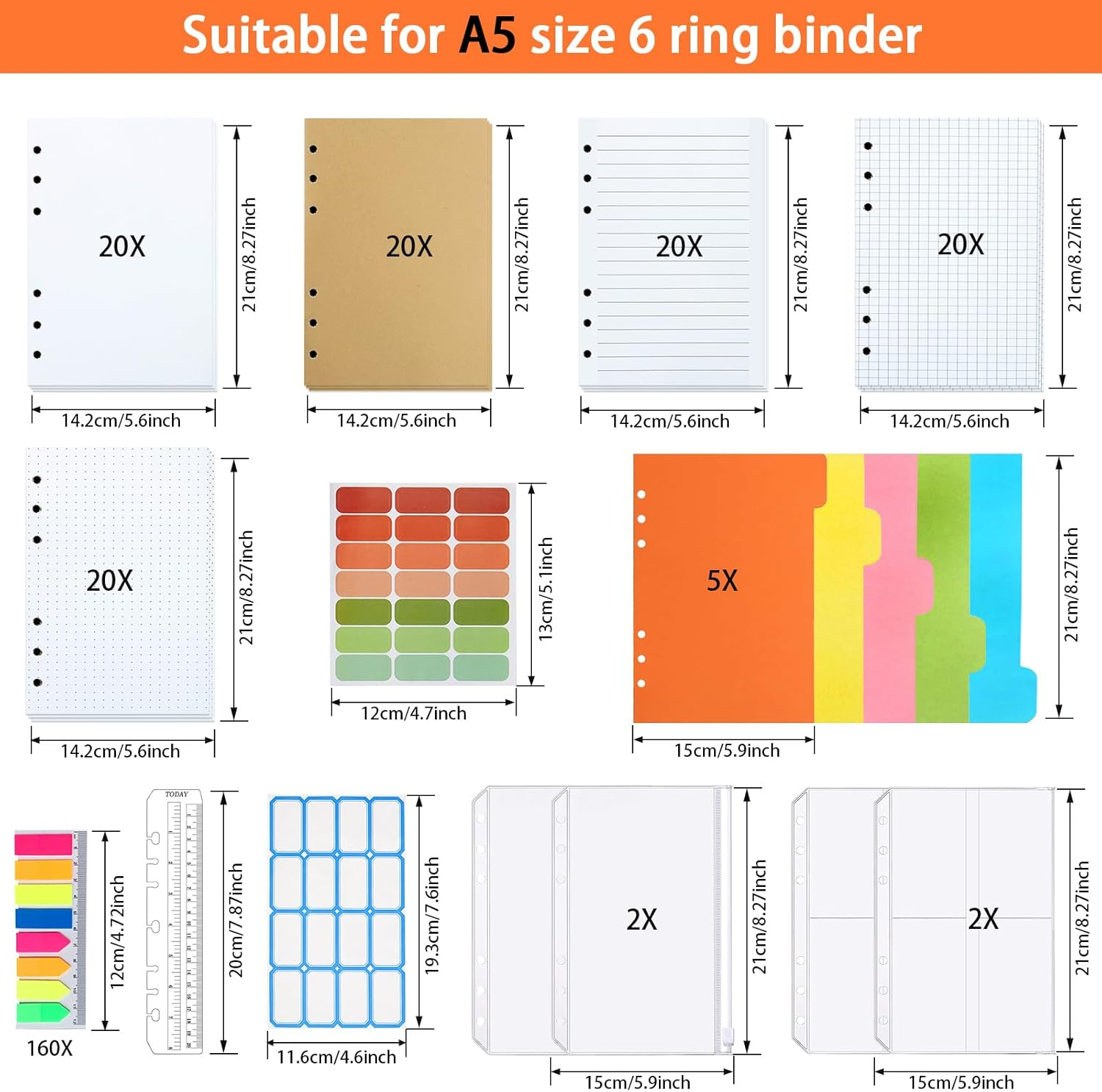 A5 Refill Paper Set, A5 Flipchart Paper with 6 Holes and Housekeeping Cards, Zip Pockets, Dividers, Rulers, Sticky Notes, Etc. for 6-Ring Binder Journal Notebook image number 3