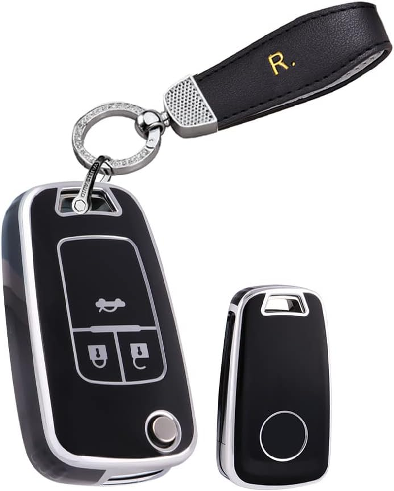 HIBEYO Key Fob Cover Compatible with Chevrolet Cruze Aveo Trax Sail Malibu Captiva Opel Vauxhall Astra J Corsa Insignia Mokka Key Case Holder Flip 3 Button with Leather Keychains-Black