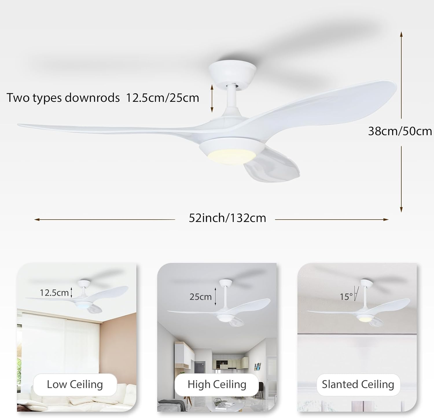 USOR 52Inch Ceiling Fan with Lights Remote Control, Pure White, Silent Motor for Bedroom,Living Room, Office, Basement, Kitchen, Dining Room 3 Blades image number 1