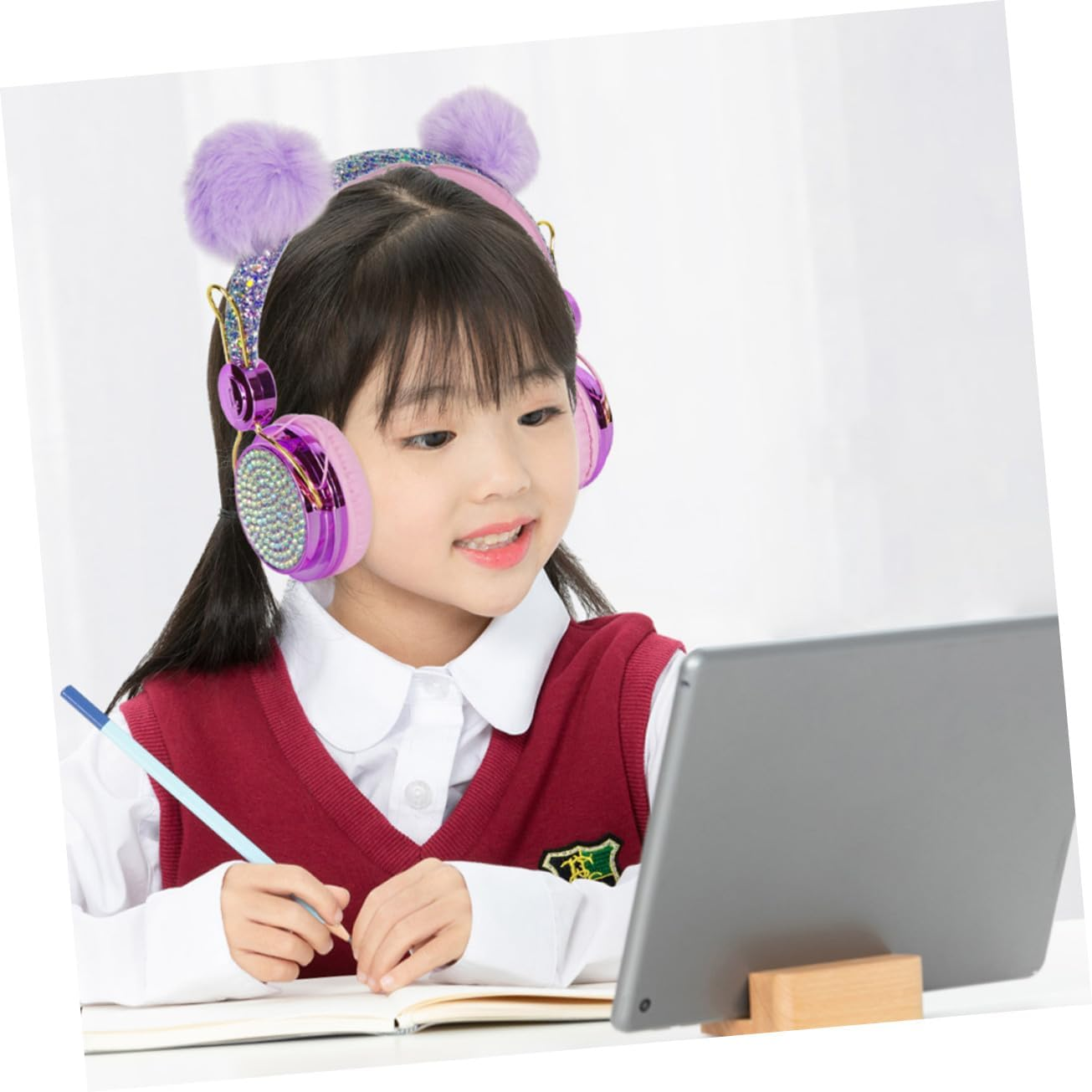 Kisangel Adjustable over Ear Headphones with Glitter Rhinestones and Fuzzy Ball Decor for Boys and Wired Headset Compatible with Laptop Tablet Smartphone Material for Travel Random Color