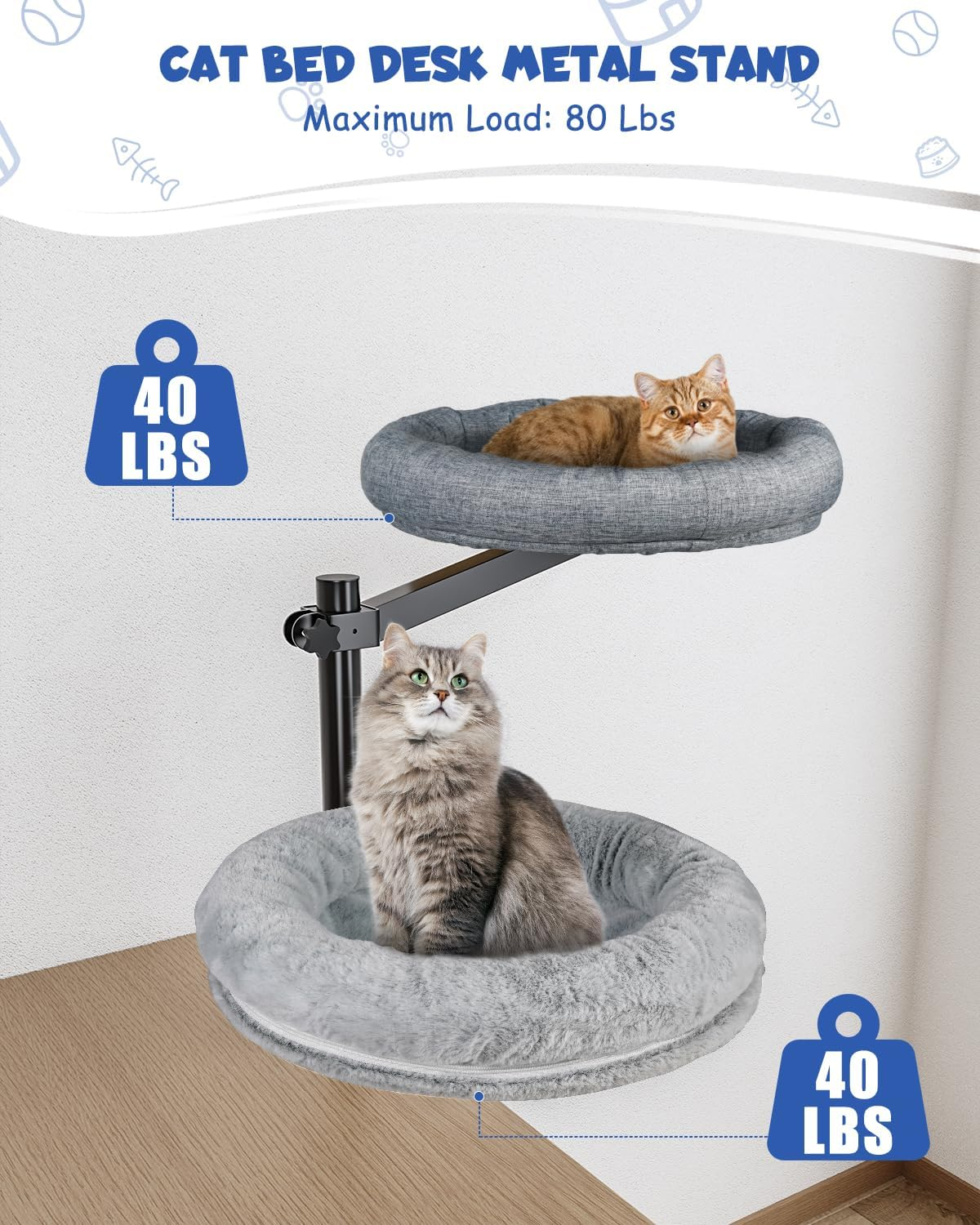 Double Cat Desk Bed, 360&deg; Rotating Elevated Desk Cat Bed, Adjustable Raised Desk Kitten Bed up to 80 LBS, Washable Soft Fabric Pet Desks Nest Beds, Cat Hammock Wall Mounted for Office and Game Tables image number 5