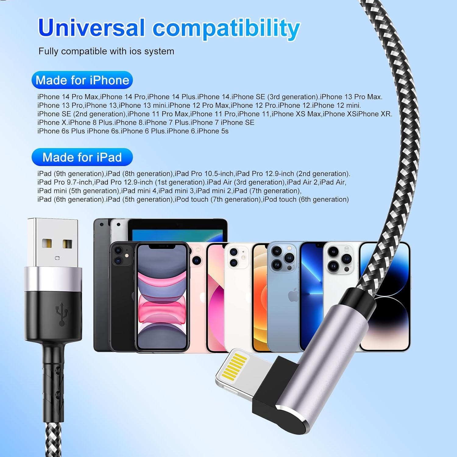 90 Degree Iphone Charger 3 Pack, [Apple Mfi Certified] Fast Charging Cables Cord 6.6FT*2 + 10FT, Right Angle Nylon Braided USB Lightning Cable for Iphone 14/13/12/11/Pro/Max/X/Plus/8/7/6/Plus/Ipad image number 5