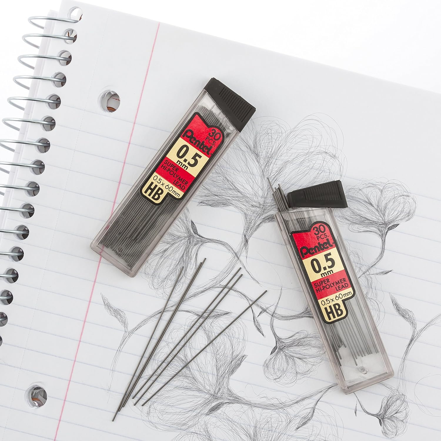 Pentel Super Hi-Polymer Refills, 0.5 Mm Fine, HB, 180 Pieces of Lead (C25BPHB6) image number 2