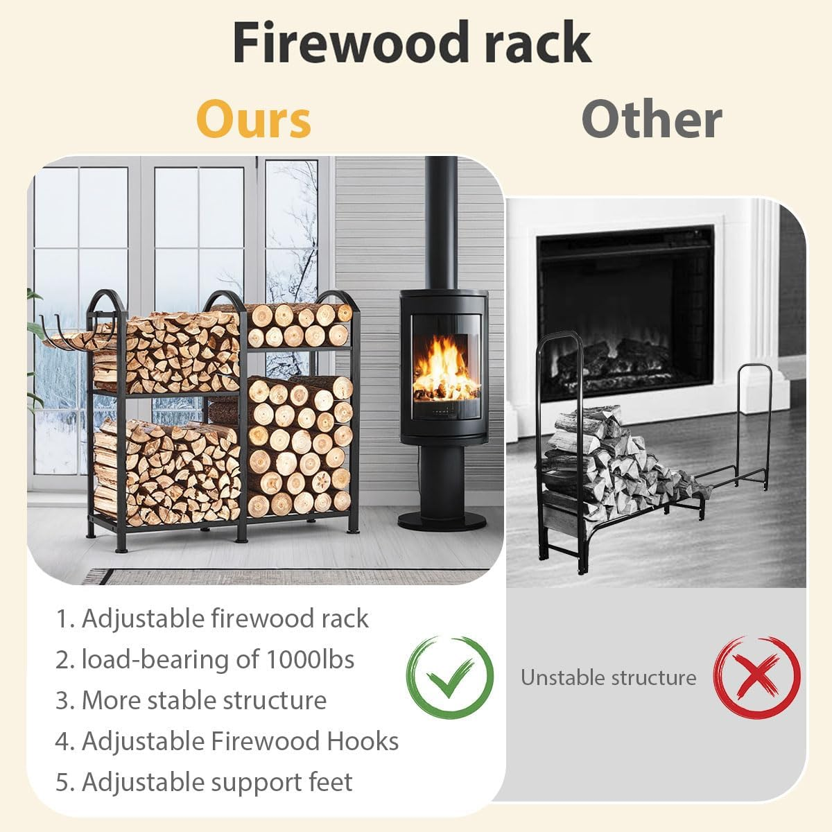 Firewood Rack Indoor with Hooks, 31Inch Firewood Rack, Log Holders for Firewood Outdoor, Fireplace Wood Holder Indoor, Adjustable Small Fire Wood Storage image number 6