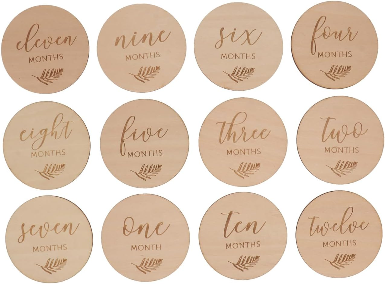 Toyvian 12Pcs Wooden Commemorative Cards Discs Wood Double Sided Cards for Month Old Photo Props Decoration Toys for Year Old Boy