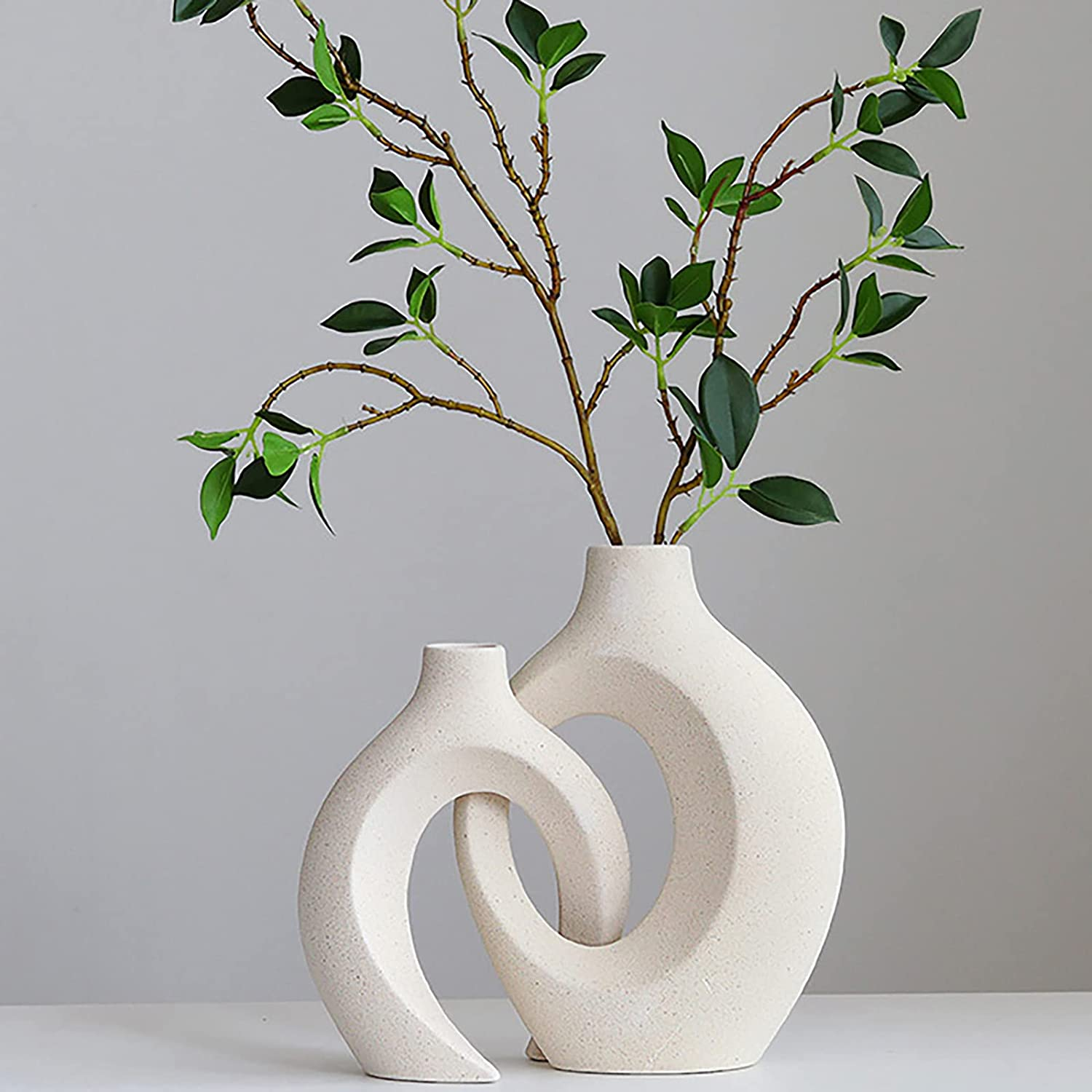 Ceramic Vase Set - 2 Flower Donut Modern Vases for Home D&eacute;cor, Creative White Vases Minimalism Style Decor Vase Table Vase for Living Room Entryway Bookshelf Mantel Centerpieces Shelf