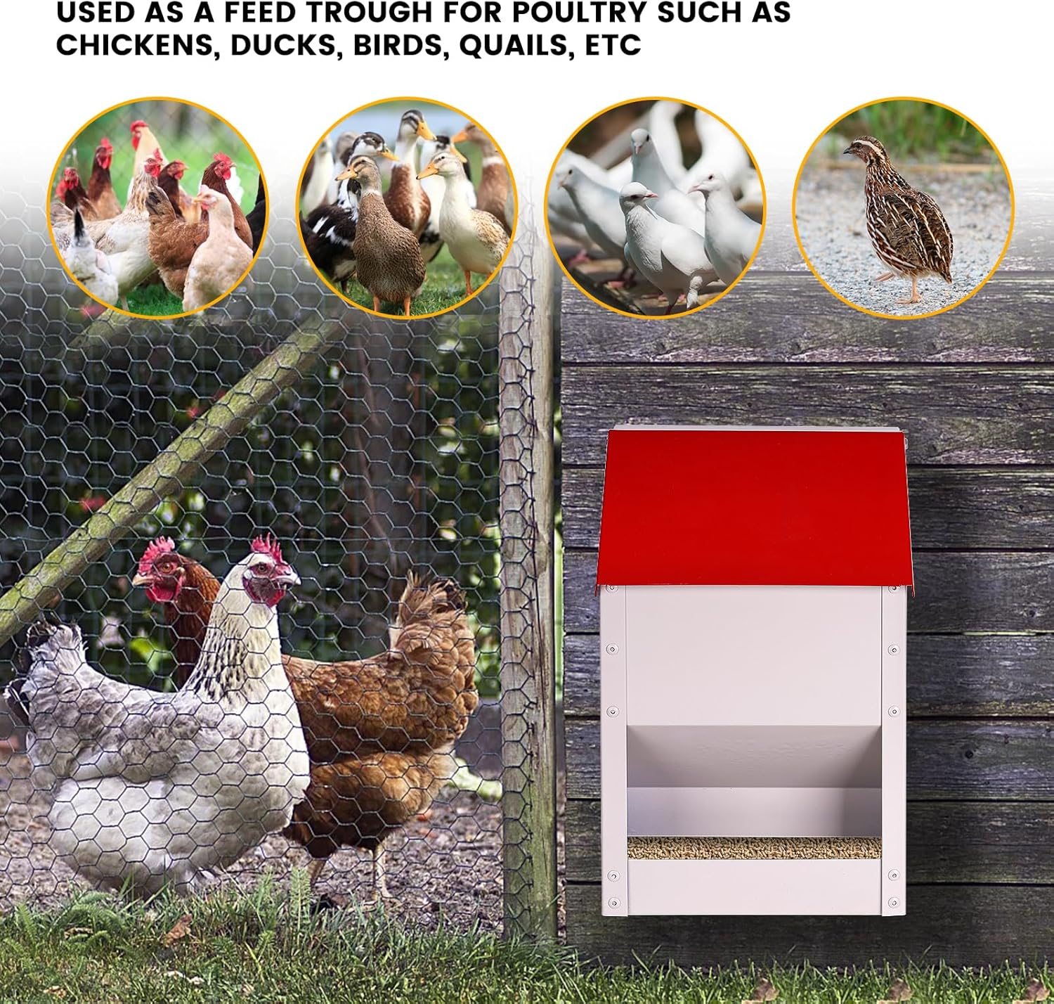 Galvanized Wall Mount Chicken Feeder No Waste Hanging Chicken Feeder with Lid Weatherproof Metal Automatic Poultry Feeder Trough Food Dispenser for outside Coop (10 Lbs)
