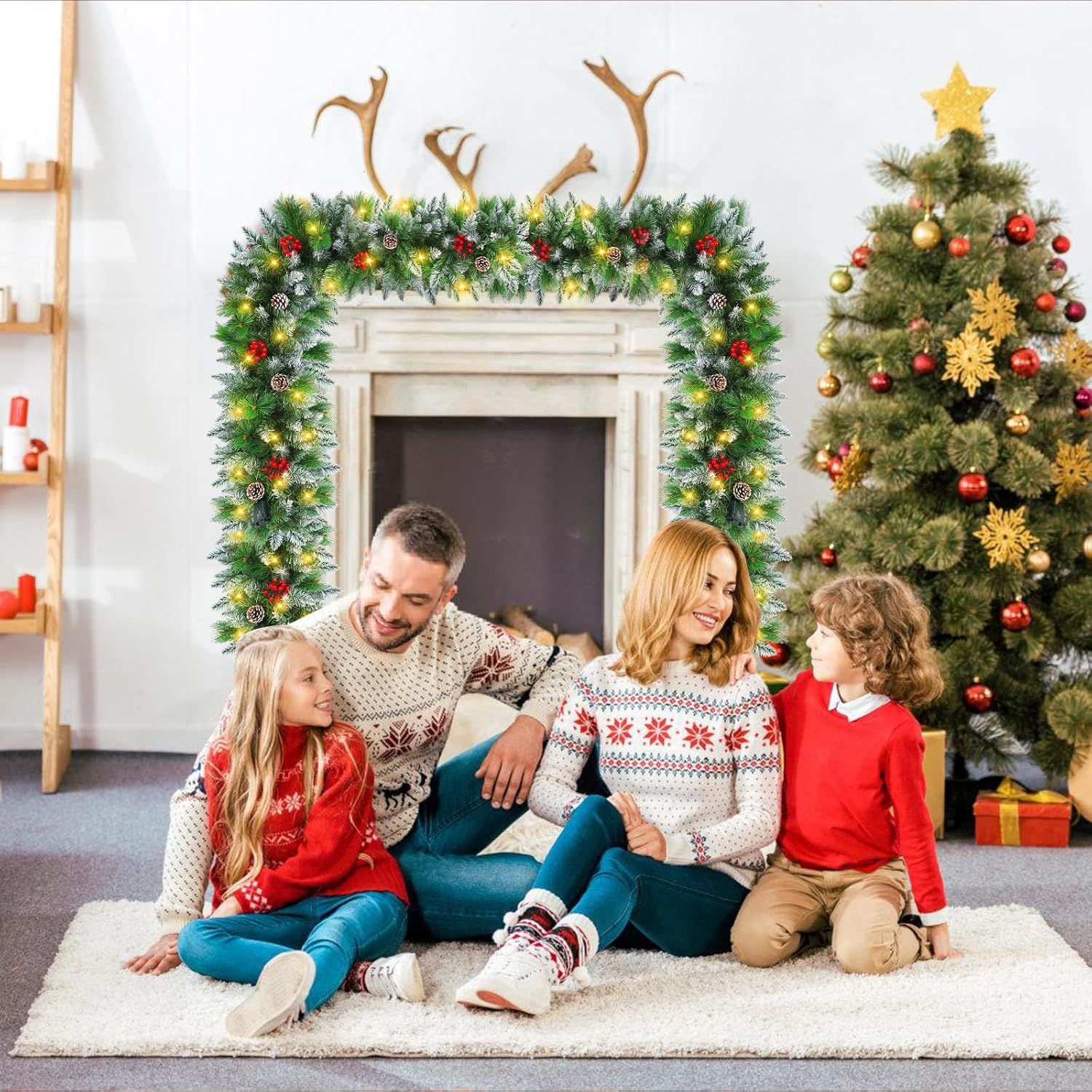 Christmas Garland, 270CM Valentine'S Day Wreaths with Battery Operated LED Lights Artificial Flower Vine for Front Door Home Stairs Fireplace Xmas Tree Indoor Outdoor Christmas Decor image number 2