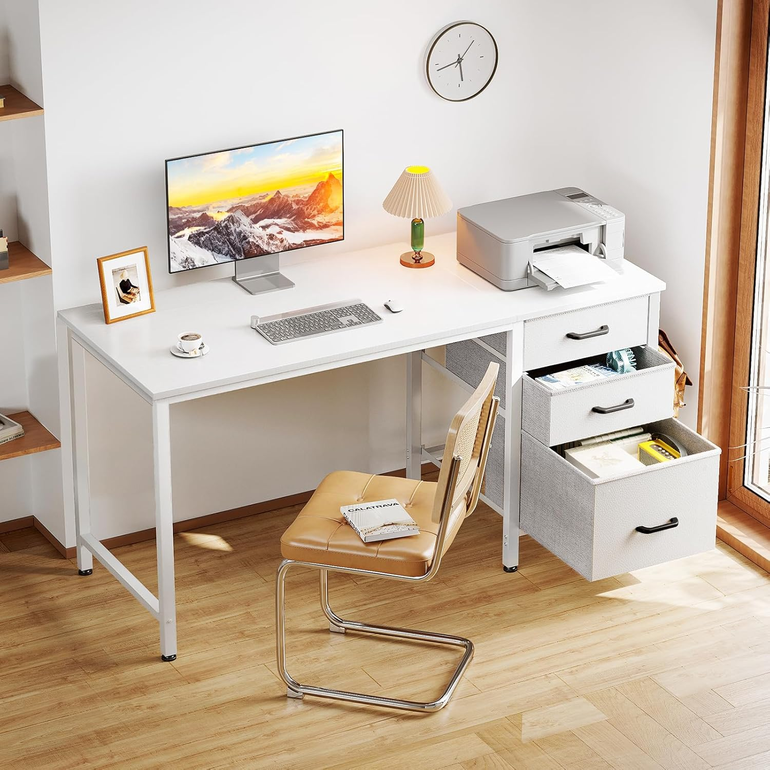 ODK 48Inch Computer Desk with 3 Drawers Reversible,Home Office Desk with Stable Metal Structure&Headphone Hooks, Computer Gaming Table for Writing Study Working, 120 * 48 * 75.7Cm,White image number 1