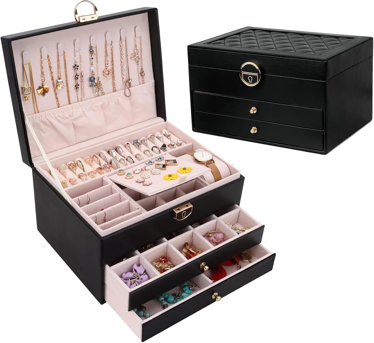 Jewelry Box for Women, Jewelry Organizer Box with Lock, 3-Layer (Black)