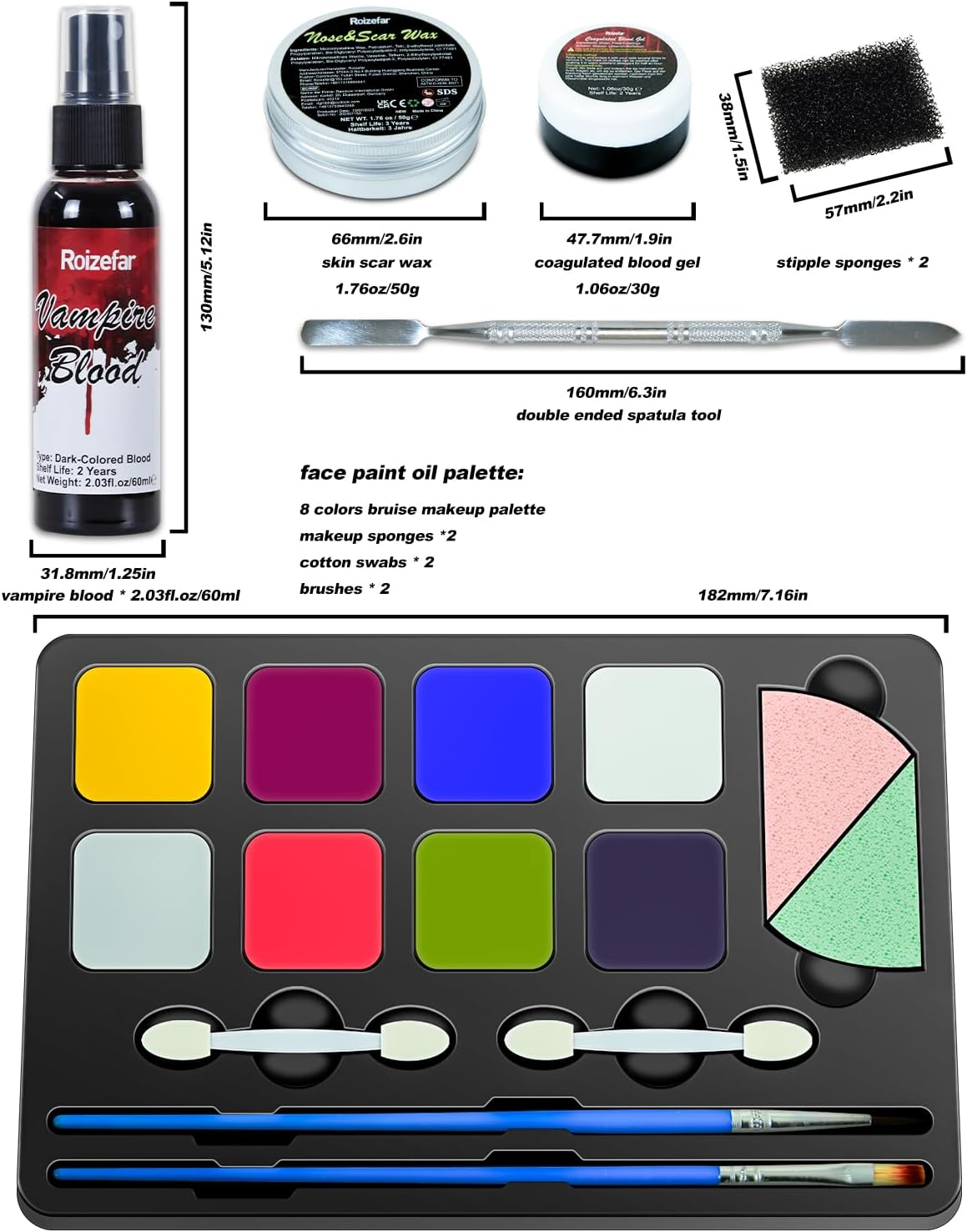 Roizefar SFX Makeup Kit, 8-Color Professional Special Effects Face & Body Paint Palette with Scar Wax, Fake Blood Cream & Brushes, Perfect for Halloween, Cosplay & More image number 6