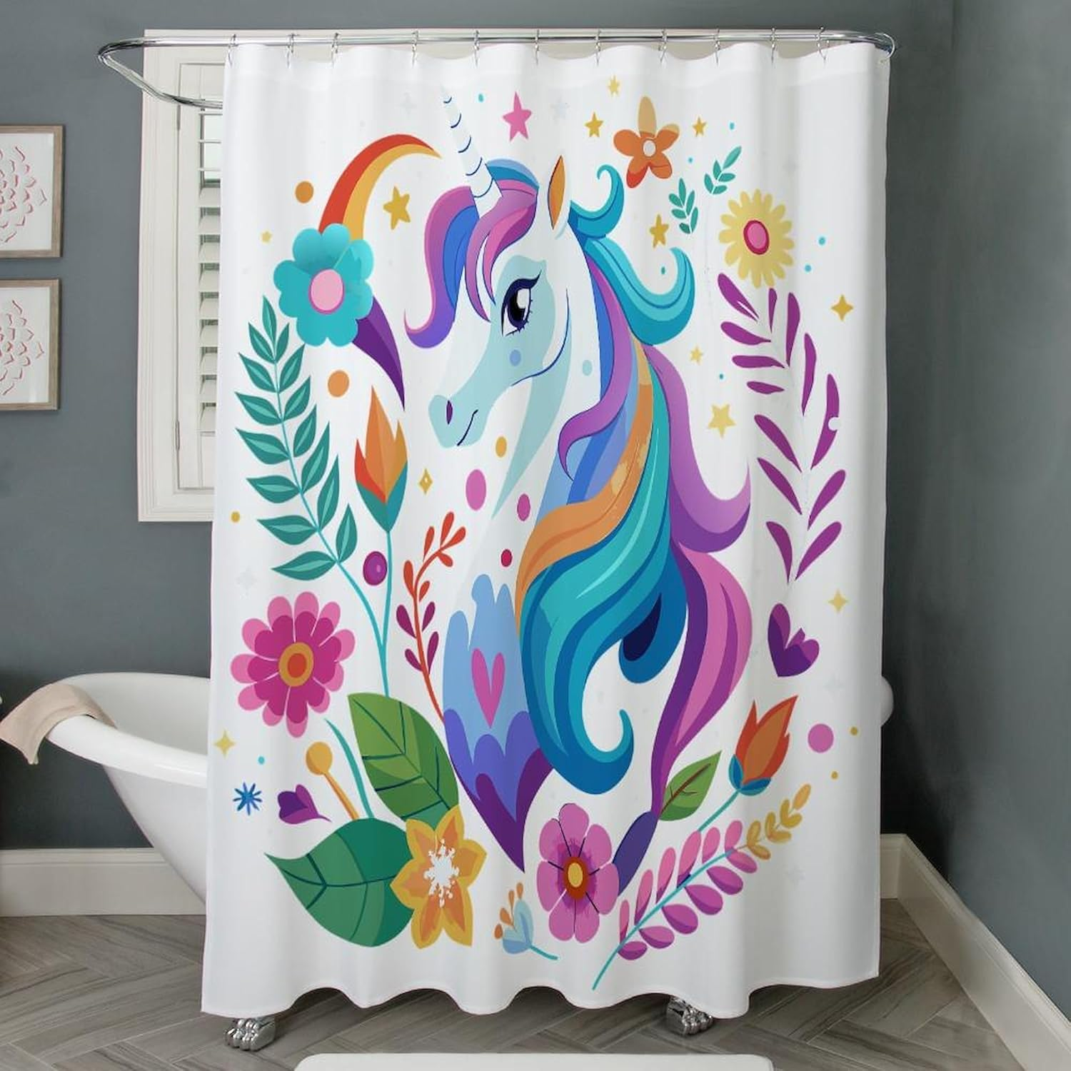 Cafepress Colorful Whimsical Unicorn Decorative Fabric Shower Curtain 70"X72" image number 1