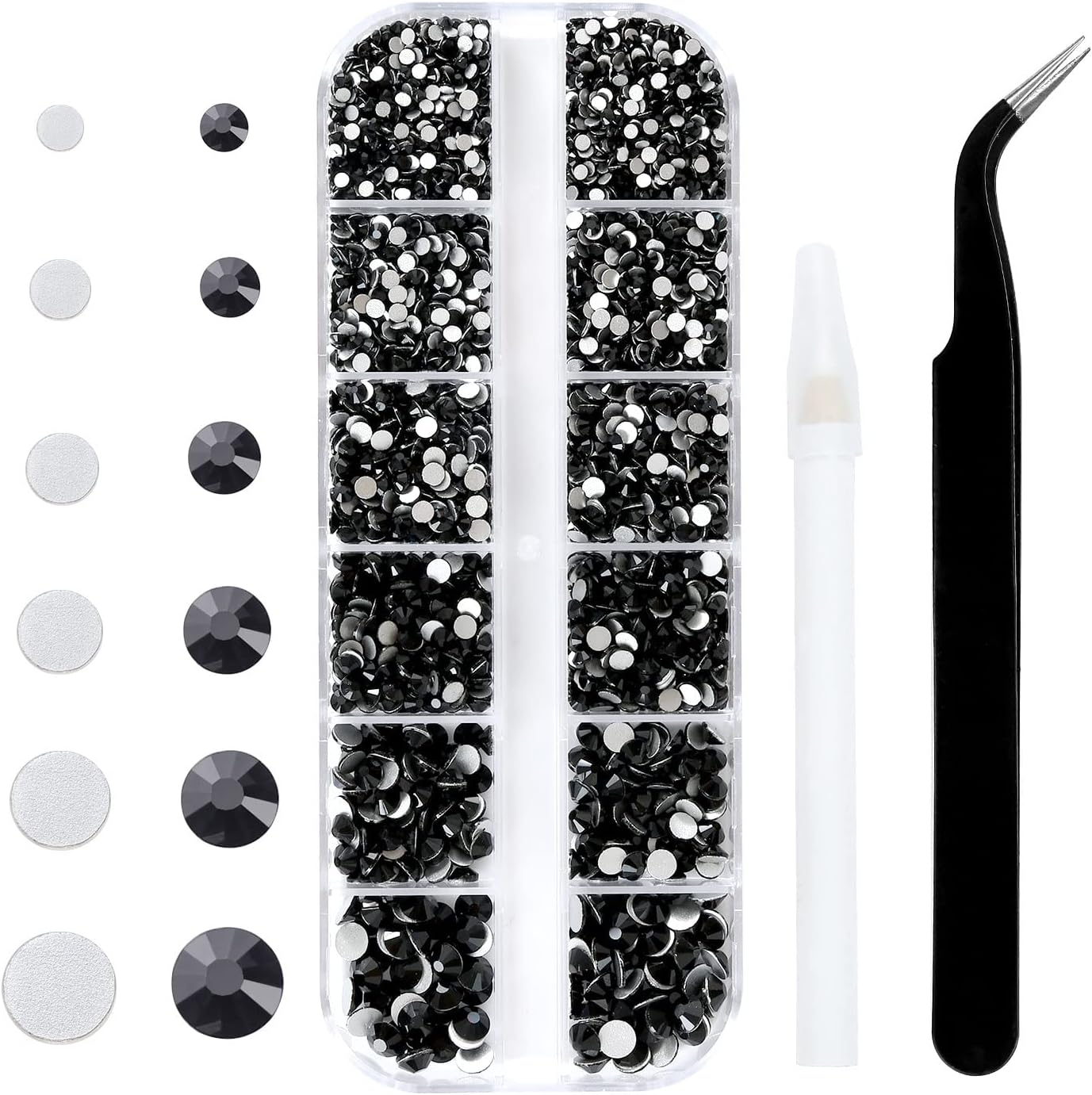 4240Pcs Flatback Black Rhinestones Glass Crystal Gemstones for Nail Art Eye Jewels Makeup round with Tweezers and Picking Pen (SS6~SS20 Set)