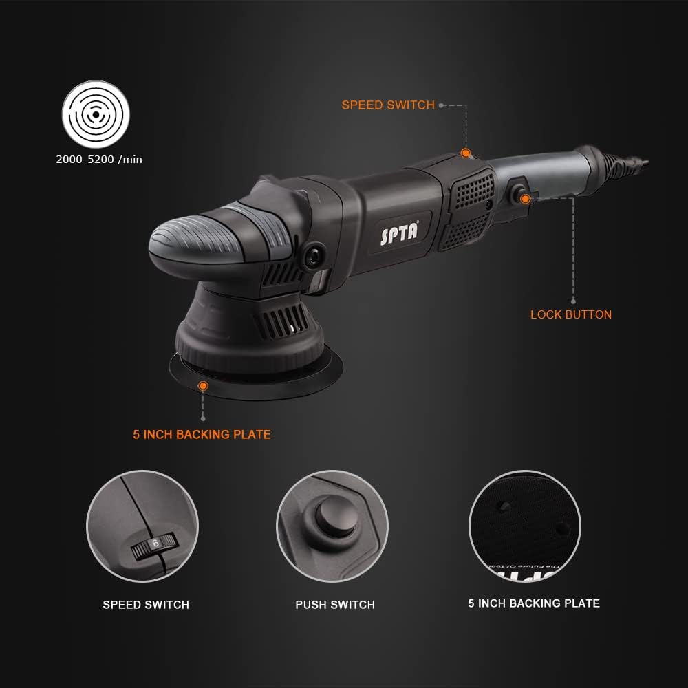 SPTA Car Polishing Machine, 780 W Eccentric Polisher, 6 Variable Speeds, with 125 Mm and 150 Mm Polishing Sponge, Removable D-Handle and Side Handle, 4 M Cable, for Polishing Car, Boat, Motorcycle image number 5