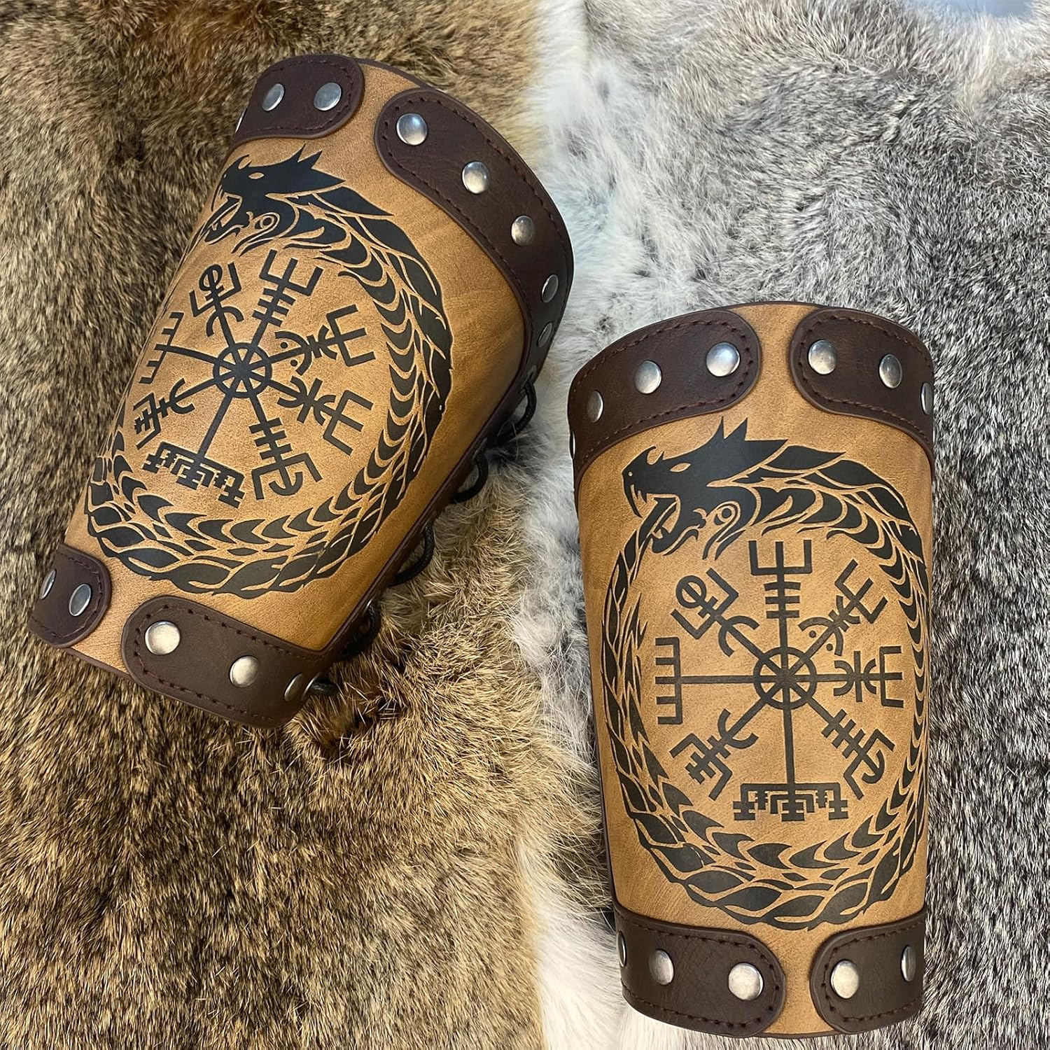Hiifeuer Embossed Viking Symble Faux Leather Arm Armor, Viking Gauntlet Bracers, Knight Arm Guards for LARP Ren Faire image number 1
