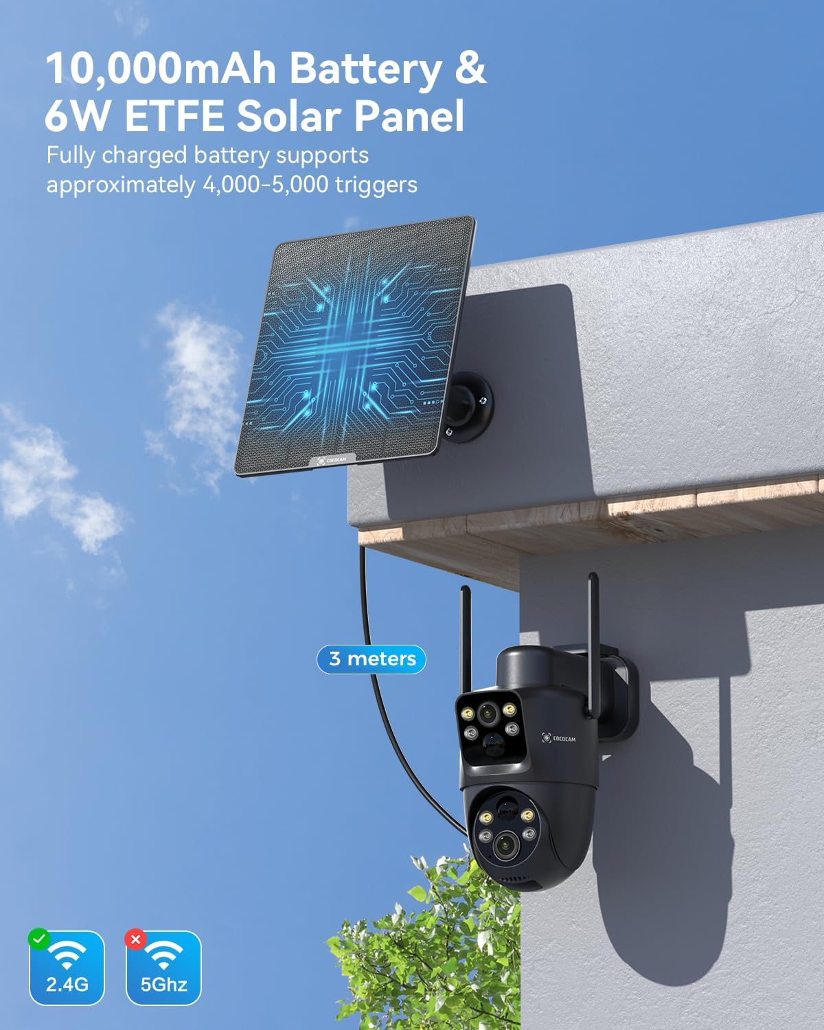 COCOCAM 2K Dual Lens Security Camera Wifi Outdoor Wireless, 10000Mah Battery, 6W Solar Panel, Dual PIR & AI Human Detection, Color Night Vision, 355&deg;P 90&deg;T, AES 128 Encryption, IP66, 2.4G Wifi image number 3