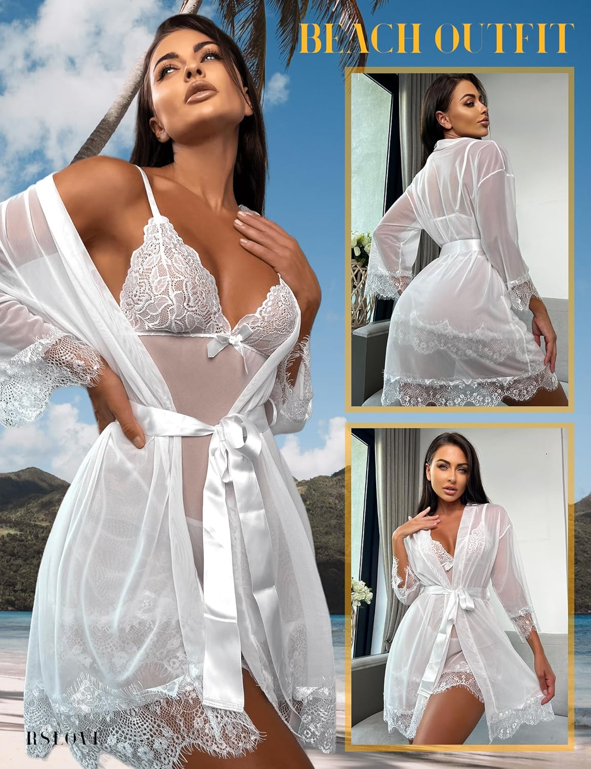 RSLOVE Women Sexy Lingerie Set 3 Piece Babydoll & Lace Kimono Robe Strap Chemise Sleepwear Mesh Nightgown image number 4