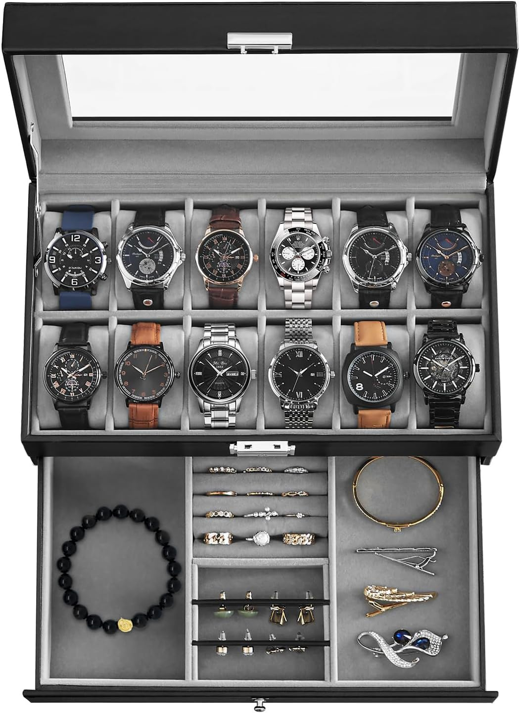 LIAN Watch Box 12-Slot Watch Box Jewelry Box Organizer for Men 2 Layers with 1 Drawer for Rings, Glasses,Jewelry,Necklace Black Perfect Birthday Gifts image number 1