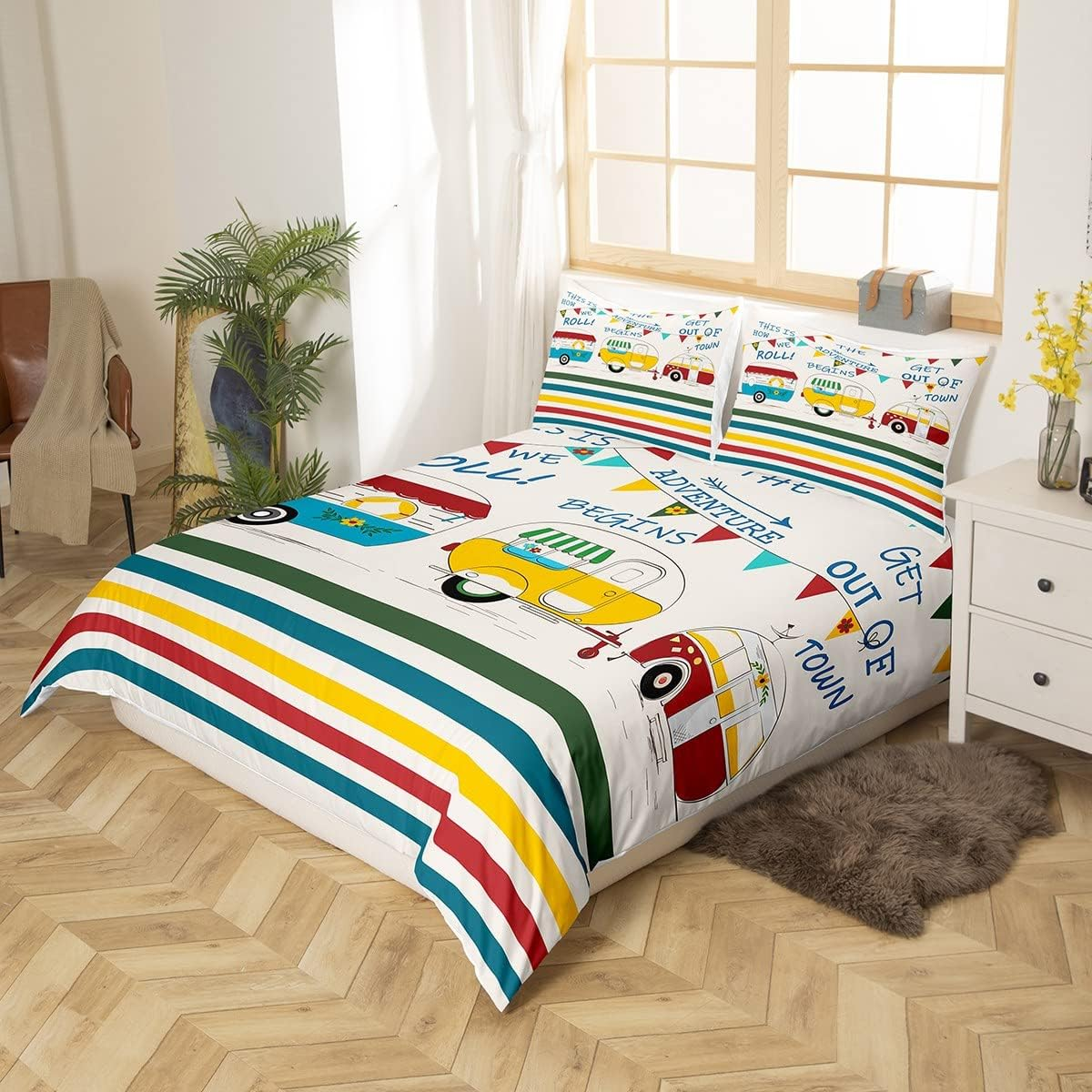 Camper Bedding Set 155 X 220 Cm for Children - Rustic Cabin Camping Duvet Cover, Colourful Striped in Country House Style - Vintage Wooden Board Happy Camping Decoration image number 3