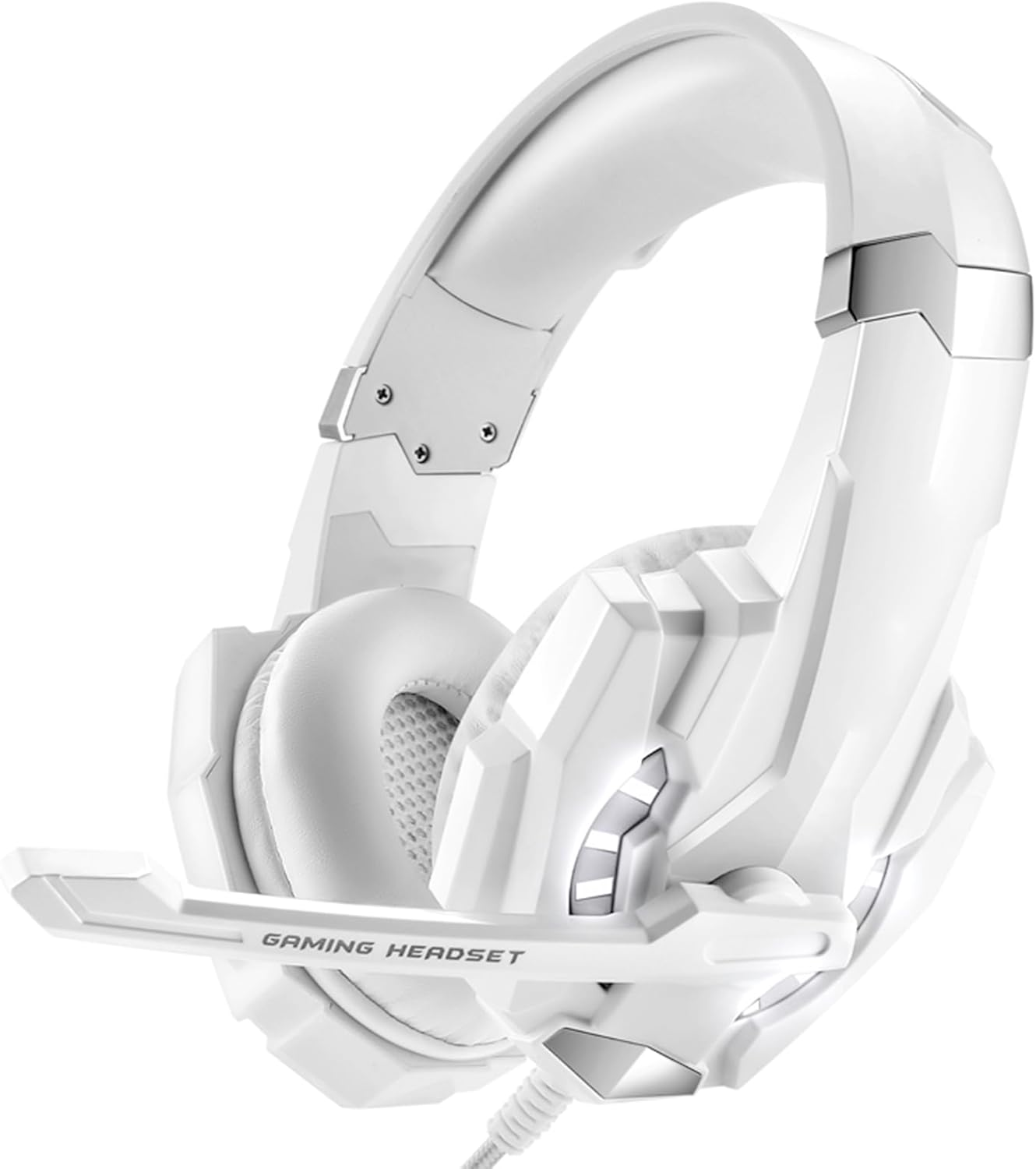 Plyisty USB Gaming Headset for PC, Noise Cancelling over Ear Headphones with Mic, LED Light, Wired Computer Headset for Laptop, Office (White)
