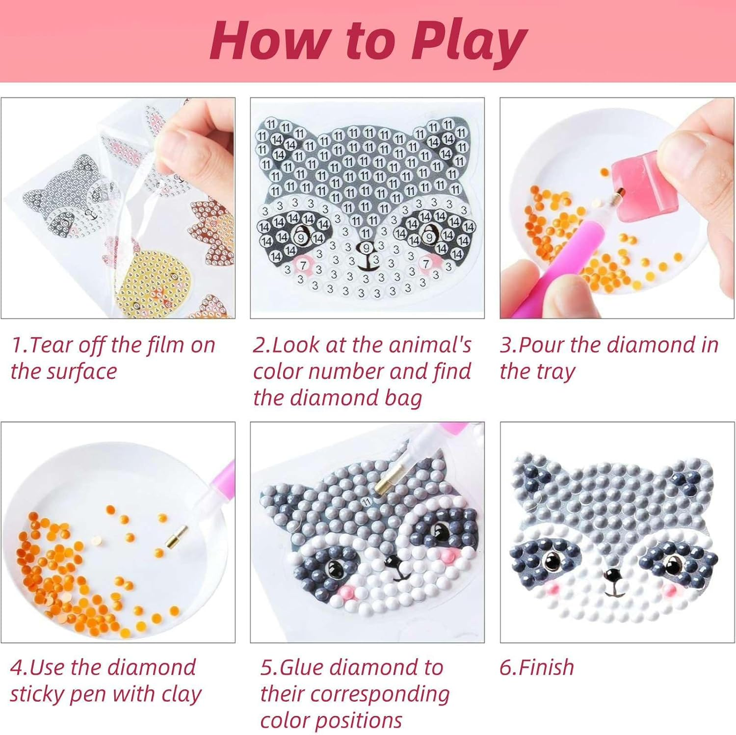 Hilleo Diamond Art Kits for Kids Adults Beginner 24Pcs DIY Animal Stickers Diamond Painting Kit Gem Art for Kids Boys Girls image number 5
